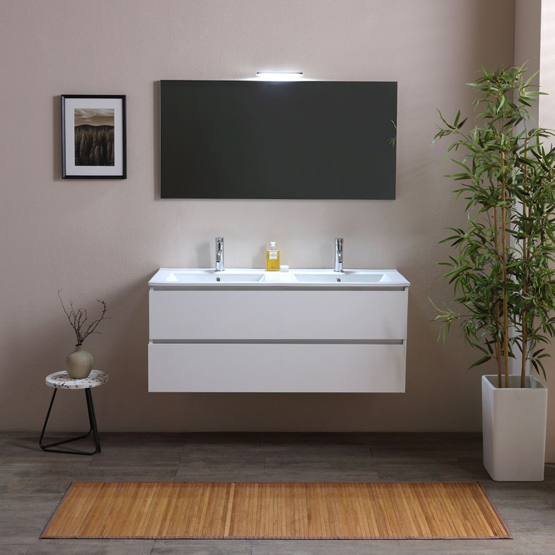 Mobile bagno "Belize120" cm con doppio lavabo e due cassetti finitura bianco legno
