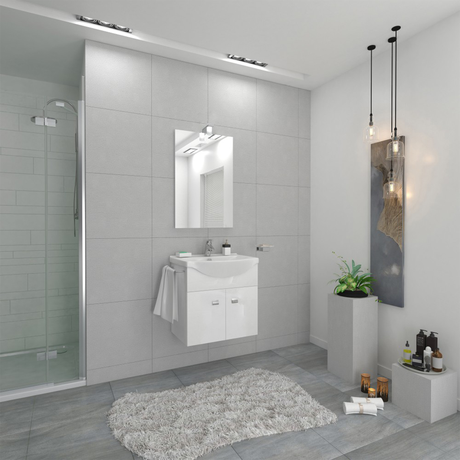 Mobile da bagno "Emma" in truciolare con lavabo specchio e luce cm 58x43 64h