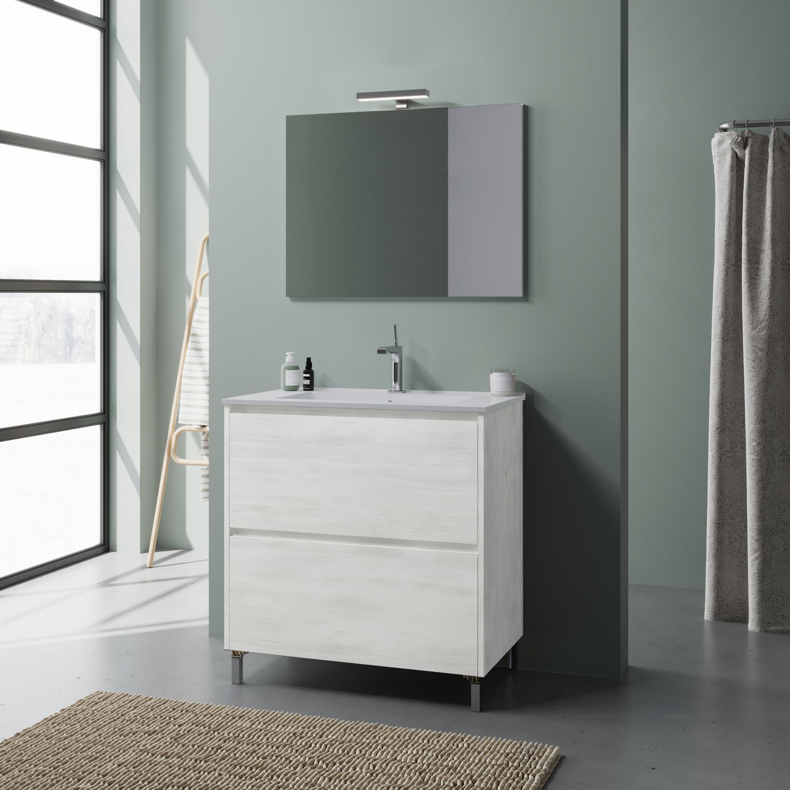 Mobile sotto lavabo "Lisbona" da bagno in truciolare con specchio led cm 80x46 75h