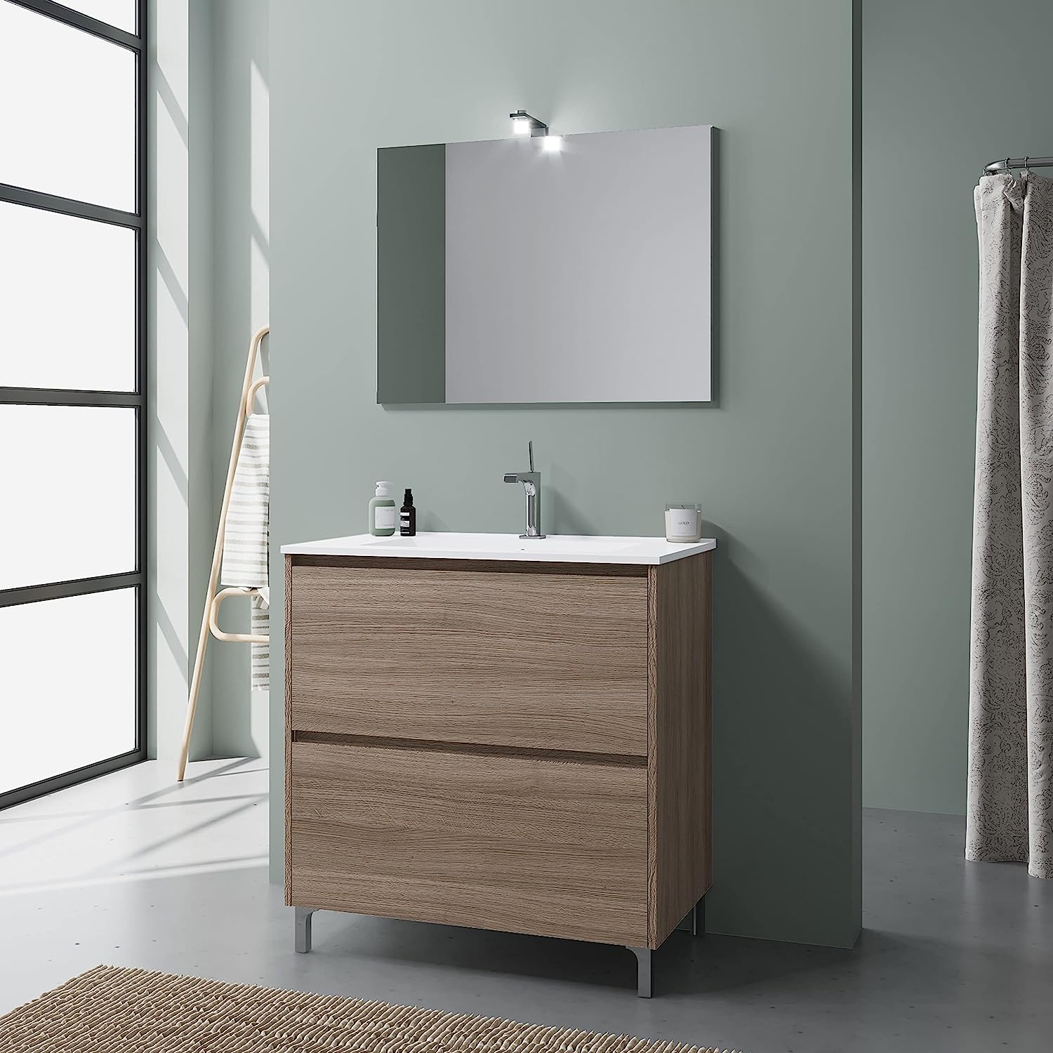 Mobile sotto lavabo "Lisbona" da bagno in truciolare con specchio led cm 80x46 75h
