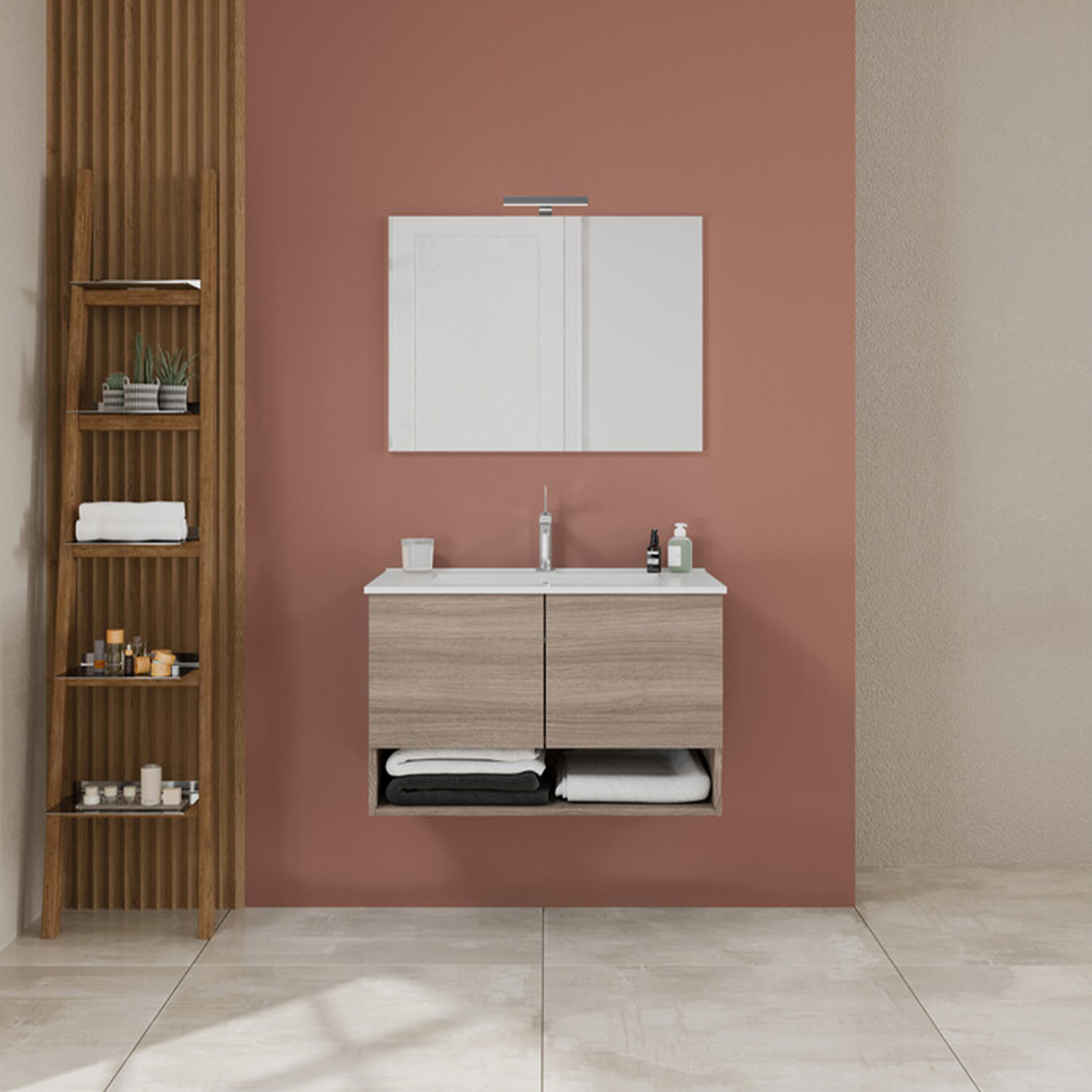 Mobile sotto lavabo "Oslo" da bagno in truciolare con specchio e luce led cm 80x46 53h