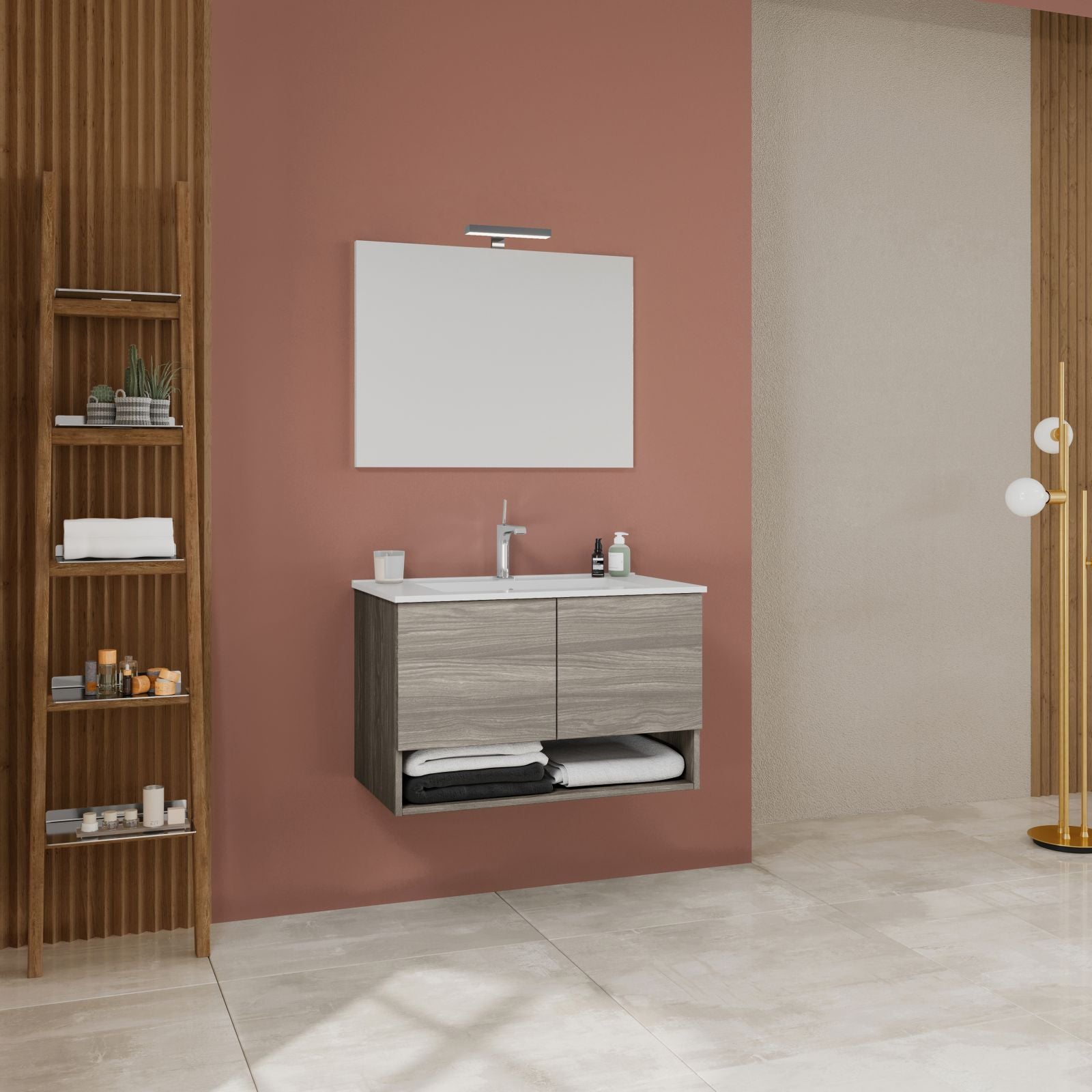Mobile sotto lavabo "Oslo" da bagno in truciolare con specchio e luce led cm 80x46 53h