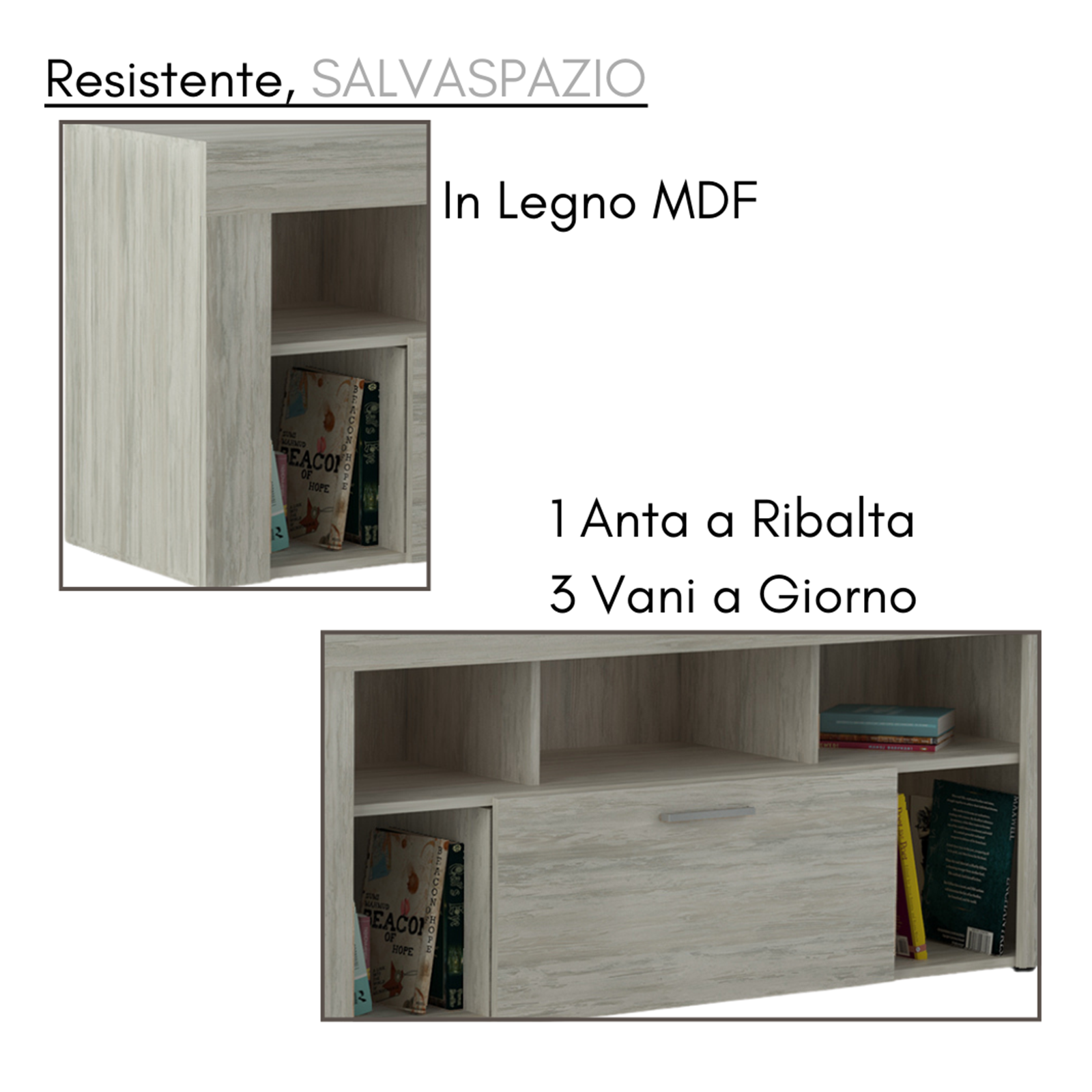 Mobile porta tv "Vision" in truciolare 1 anta con ripiani cm 130x42 60h