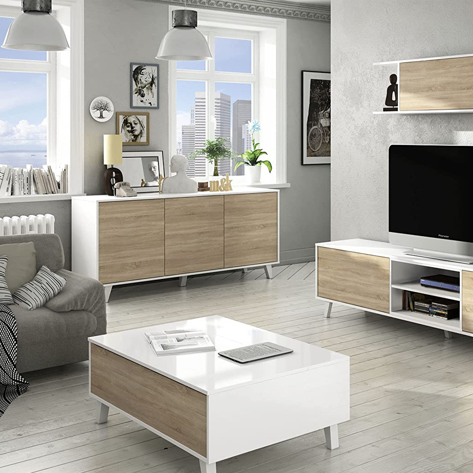 Madia credenza 3 ante "Zaiken" rovere e bianco da soggiorno cm 154x41 75h