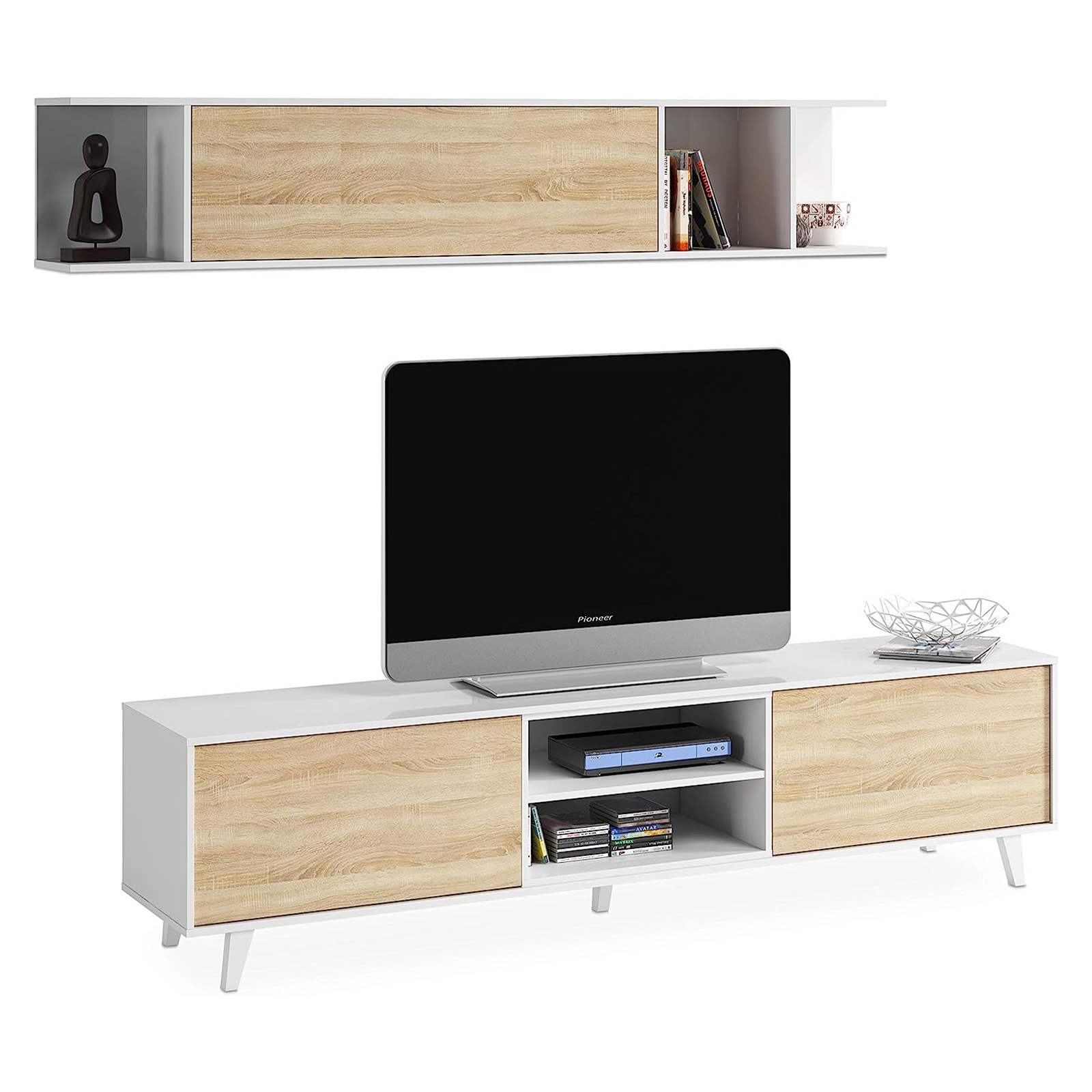 Set parete attrezzata "Zaiken" moderna da soggiorno bianco e rovere 180 cm