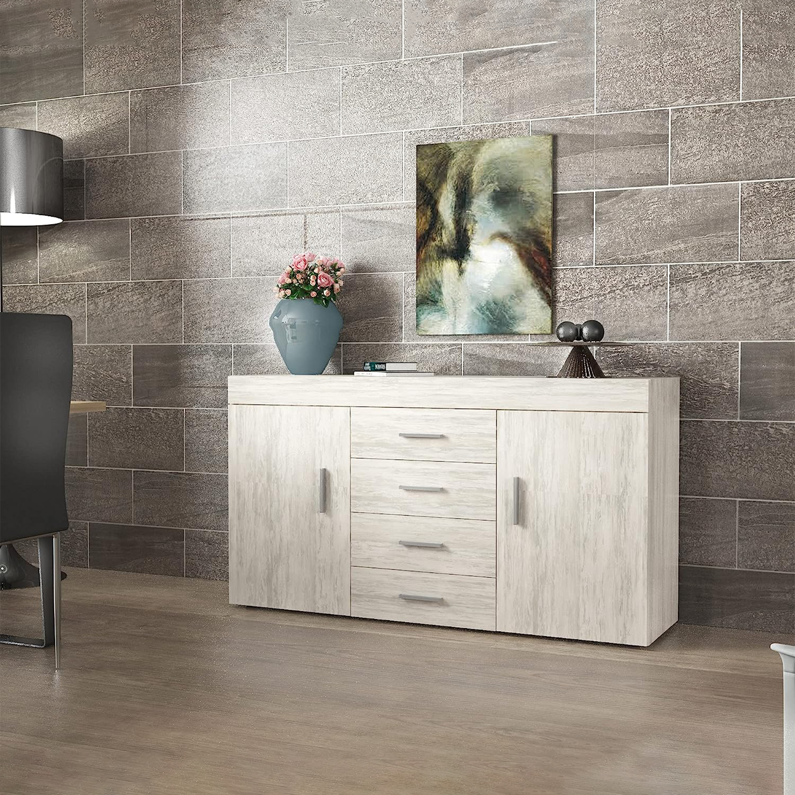 Madia da ingresso in legno bianco "CH4298" a 2 ante con 4 cassetti cm 153x40 85h