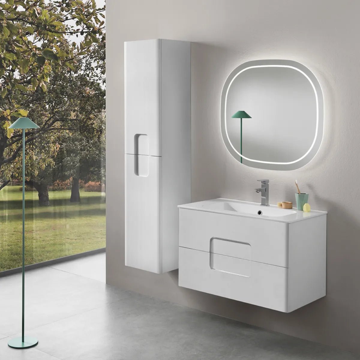 Mobile bagno sospeso "Jade80" in legno larice bianco con 2 cassetti e lavabo - MondoViro