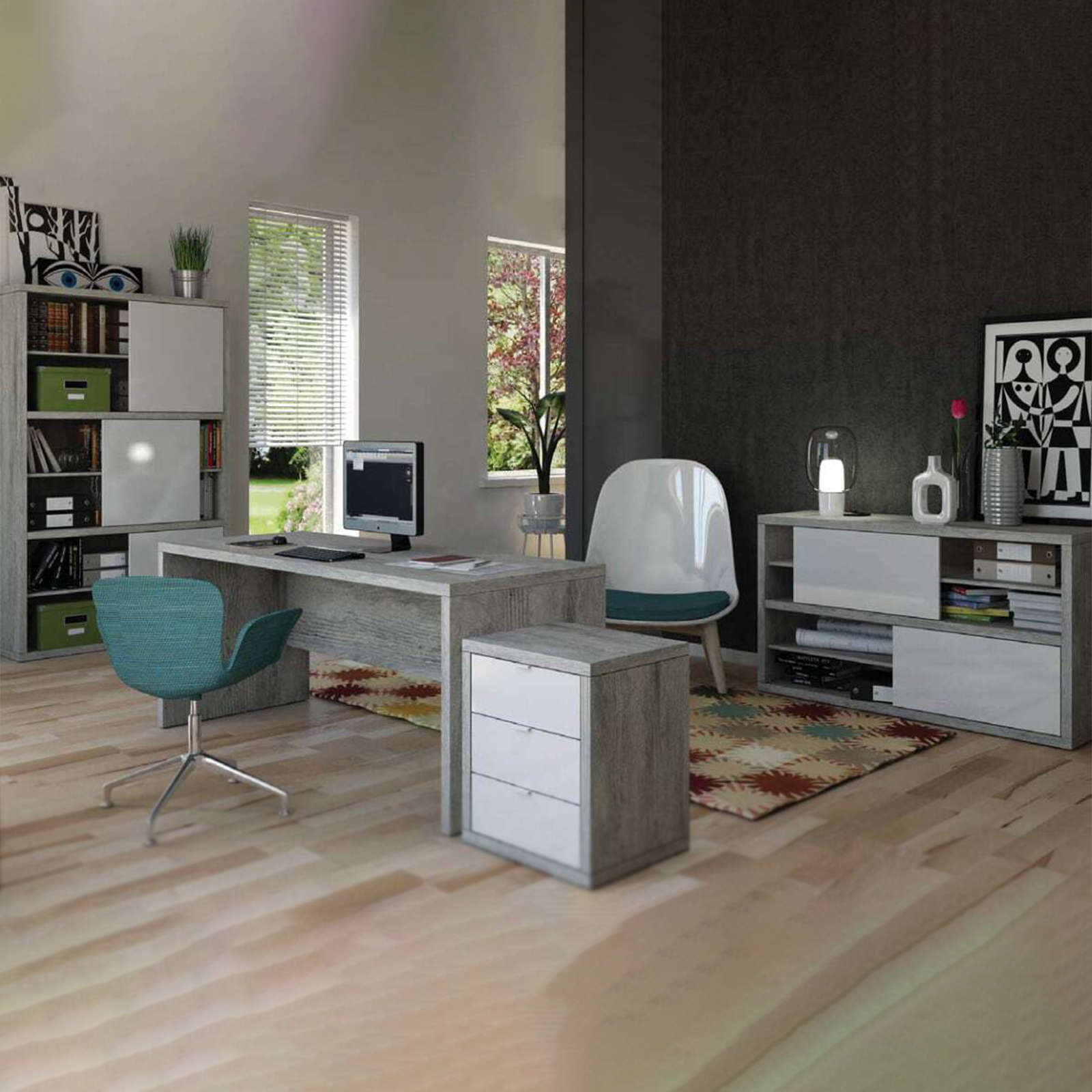 Scrivania in legno moderna "Home" per ufficio in simil cemento cm 140x69 74h