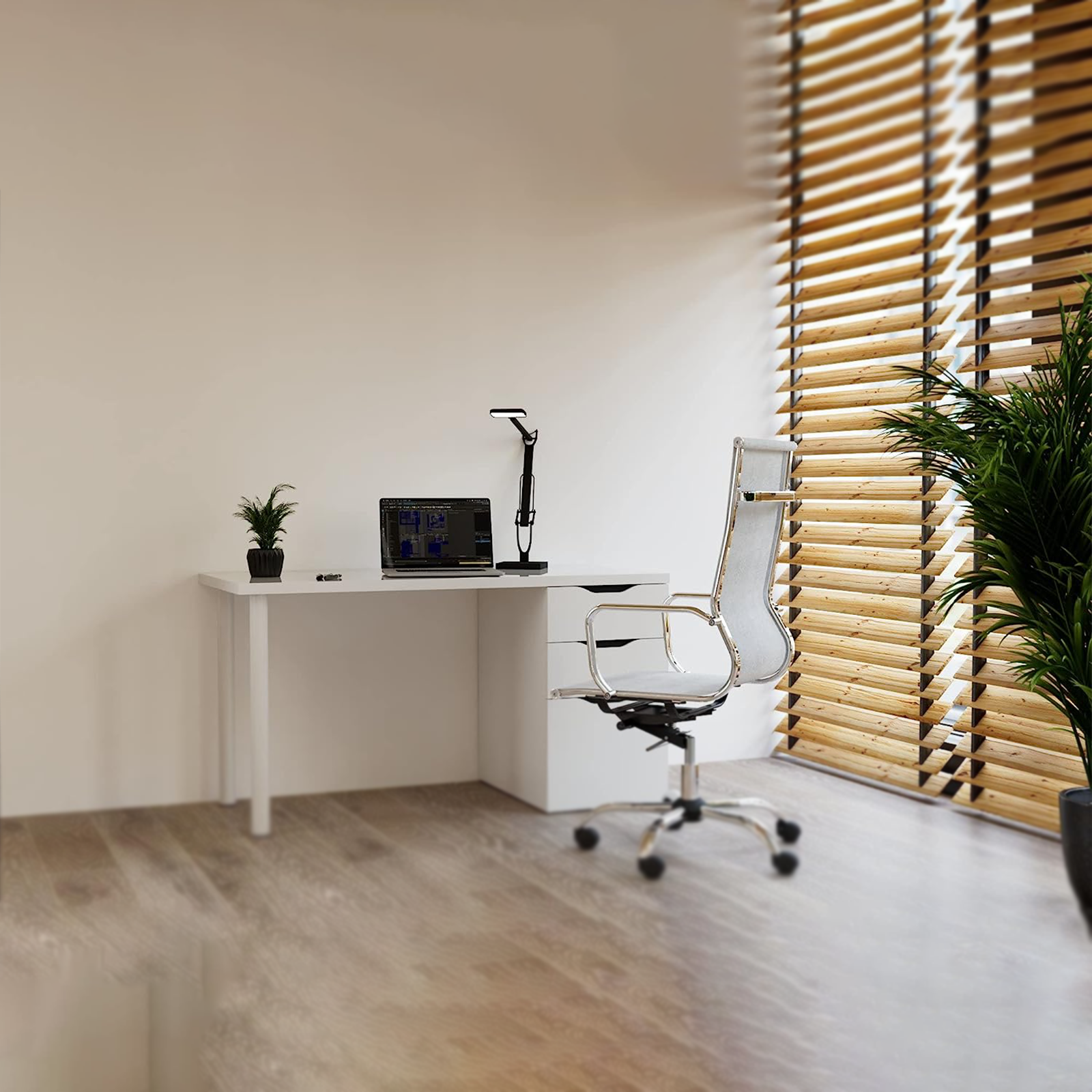 Scrivania in truciolare "Athena" bianca con 3 cassetti e gambe in metallo cm 138x60 74h