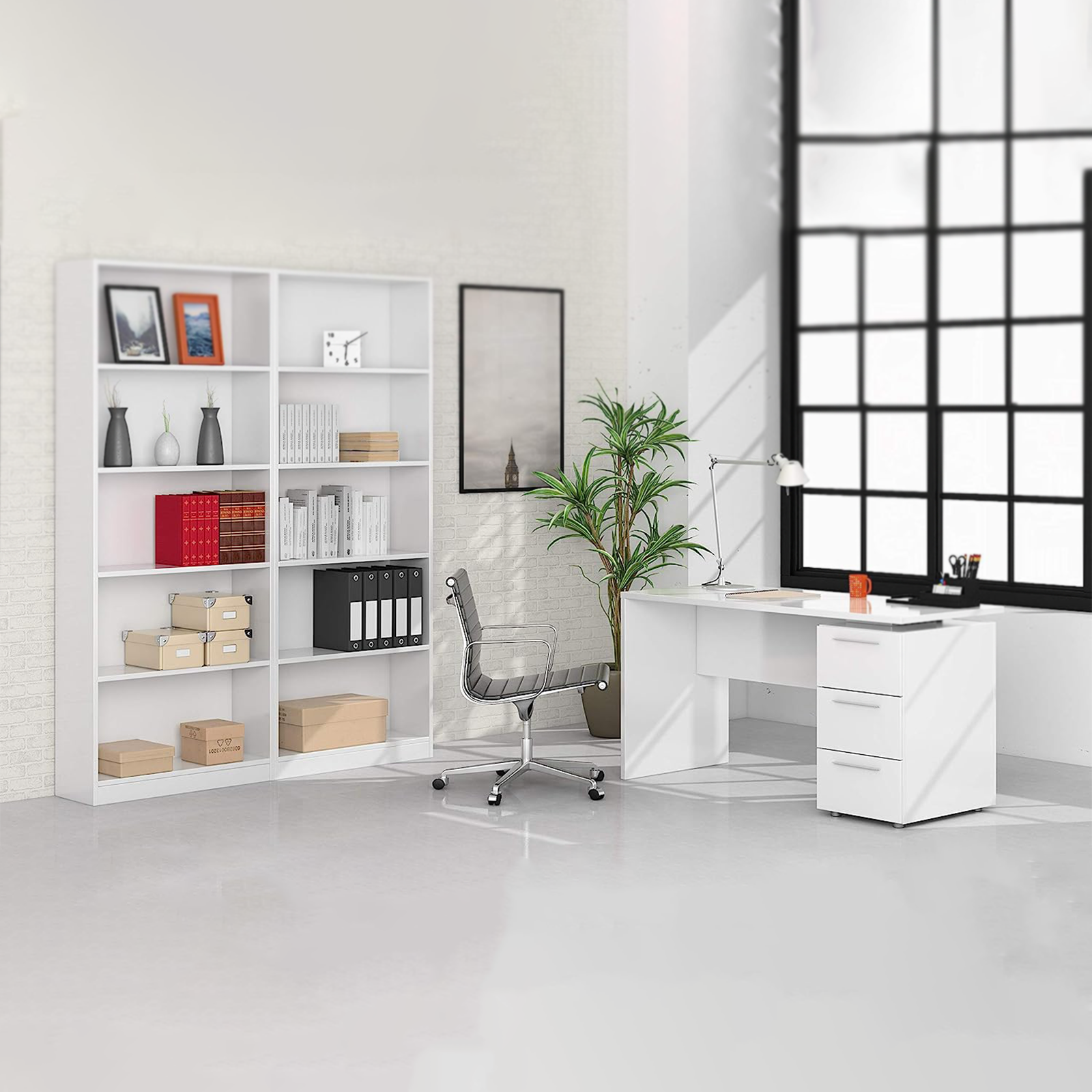 Scrivania moderna in legno "Stylus" bianco opaco con cassettiera cm 138x60 74h