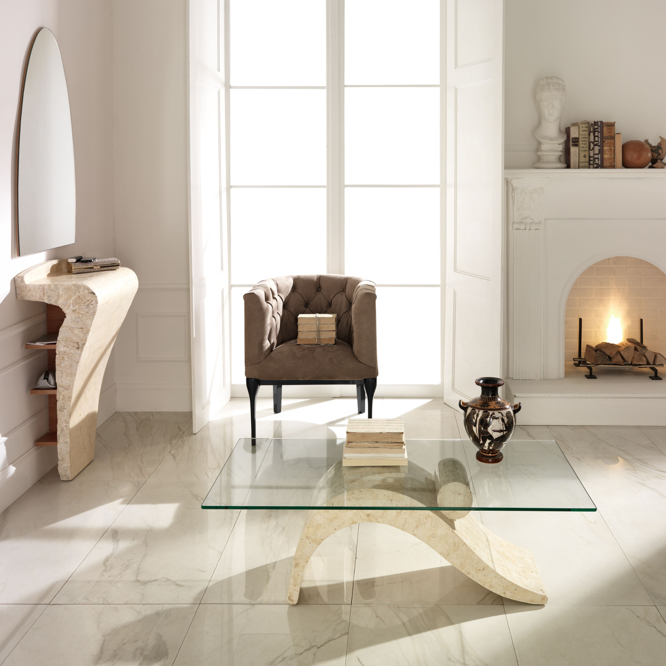 Tavolino basso in pietra fossile "Gary" top in vetro temperato cm 120x70 40h