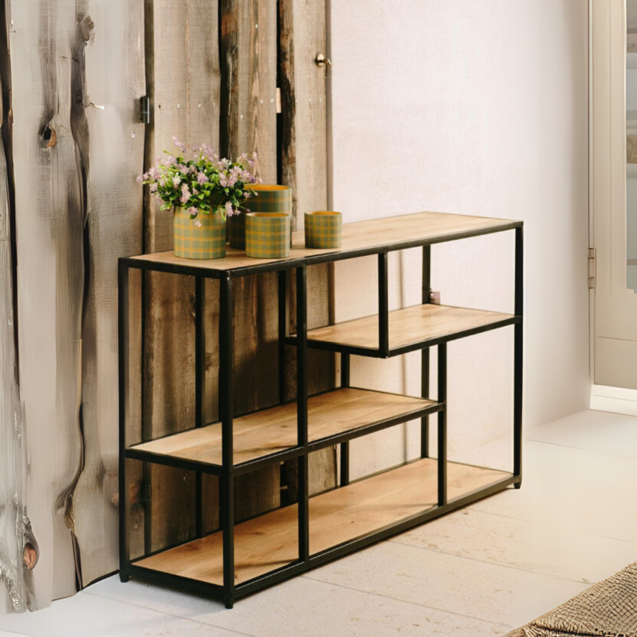 Mobile basso "Industrial" in legno di quercia e metallo cm 140x35x80h