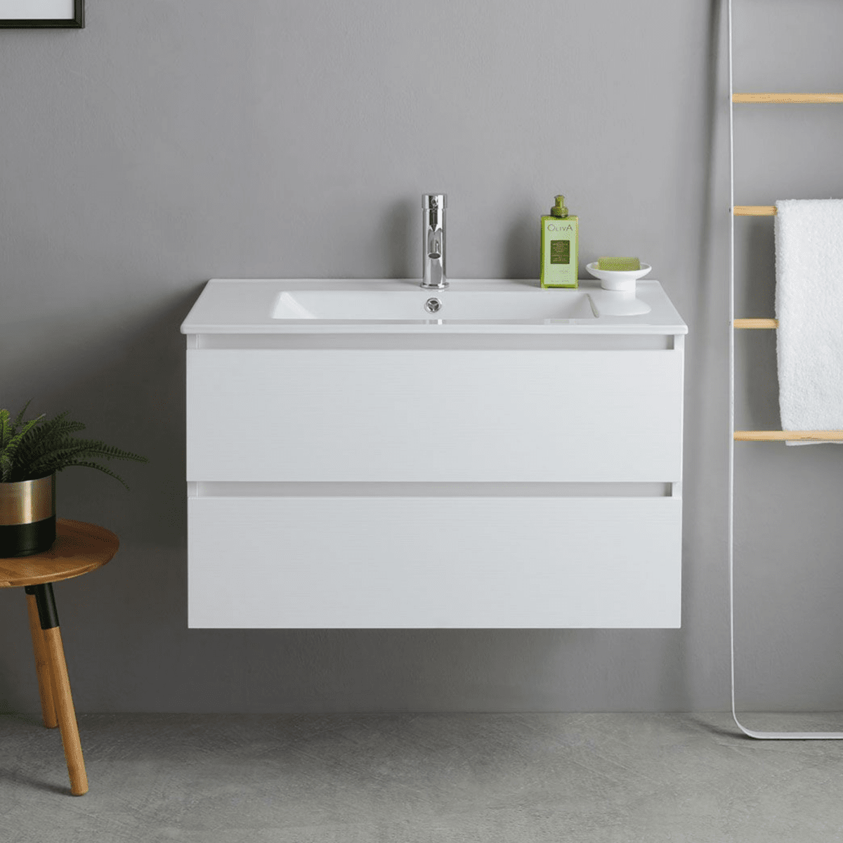 Mobile bagno bianco "Havana" 80 cm sospeso 2 cassetti base con lavabo integrato in ceramica - MondoViro