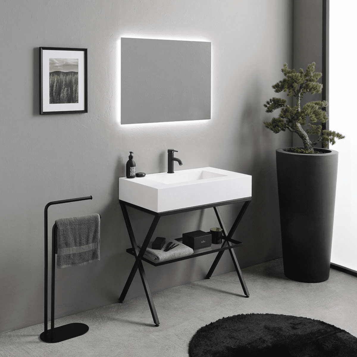 Mobile bagno a terra "Cartagena white" con specchio LED e mensola in vetro 80 cm - MondoViro