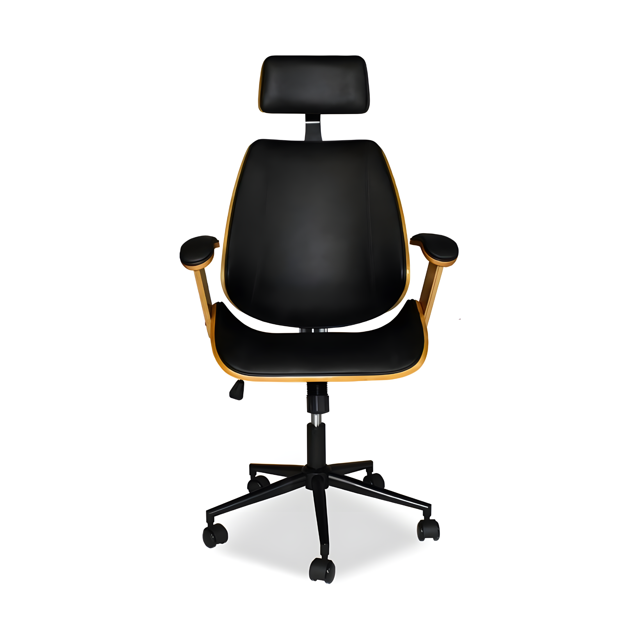 Sedia da ufficio girevole "James" in pelle nera con struttura e braccioli effetto legno cm 66x50 118h