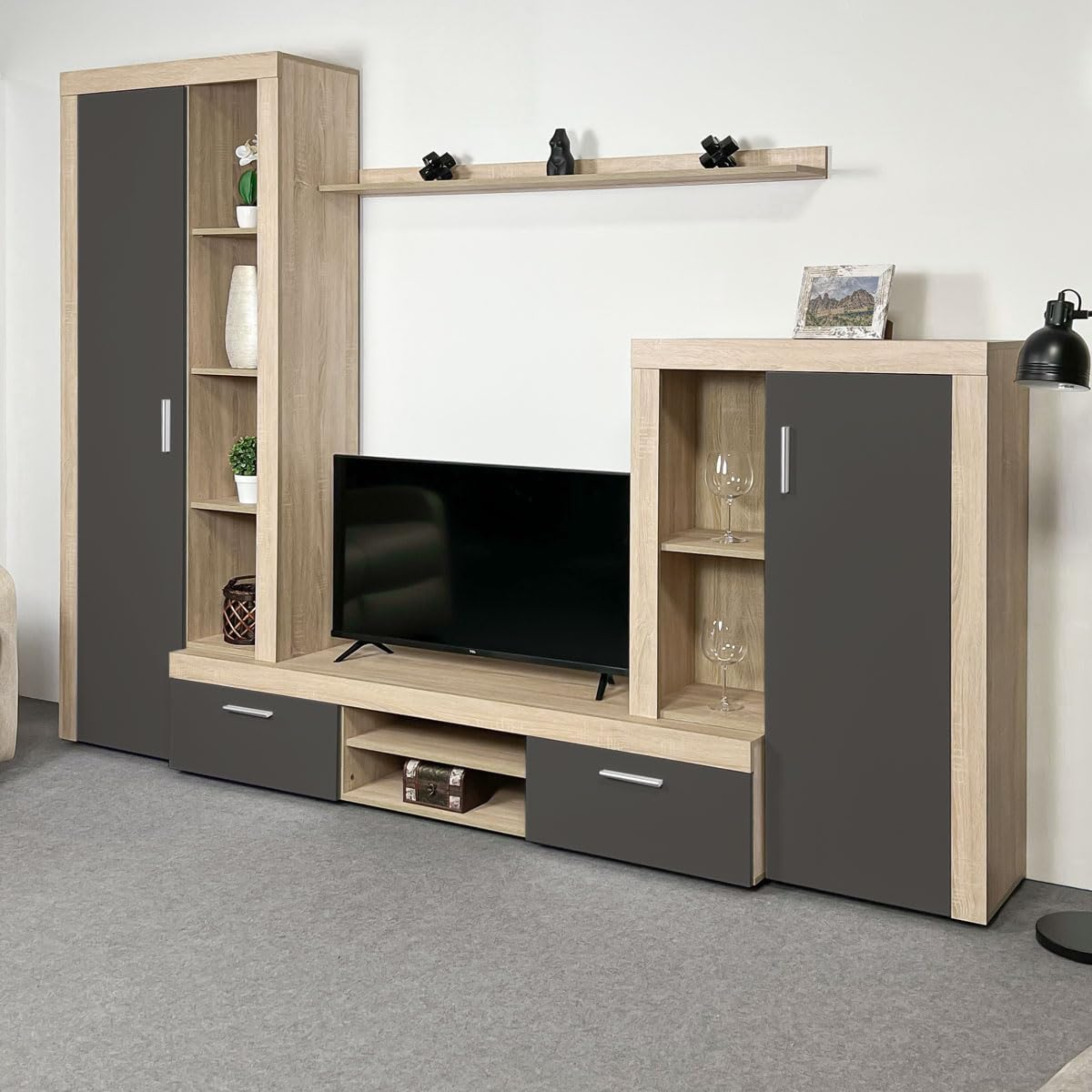 Kit parete attrezzata da soggiorno "Nobel" in legno naturale e antracite cm 263x40 200h