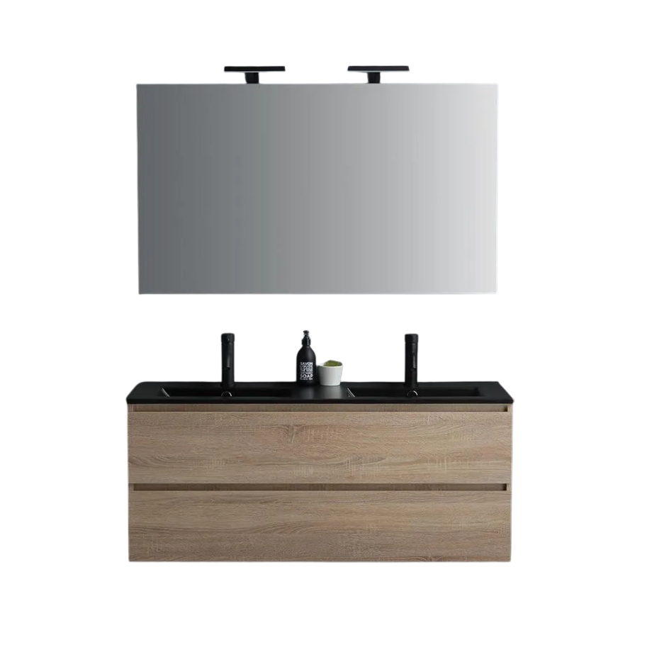Mobile bagno sospeso 2 cassetti "Berlino120" color rovere con doppio lavabo nero e specchio