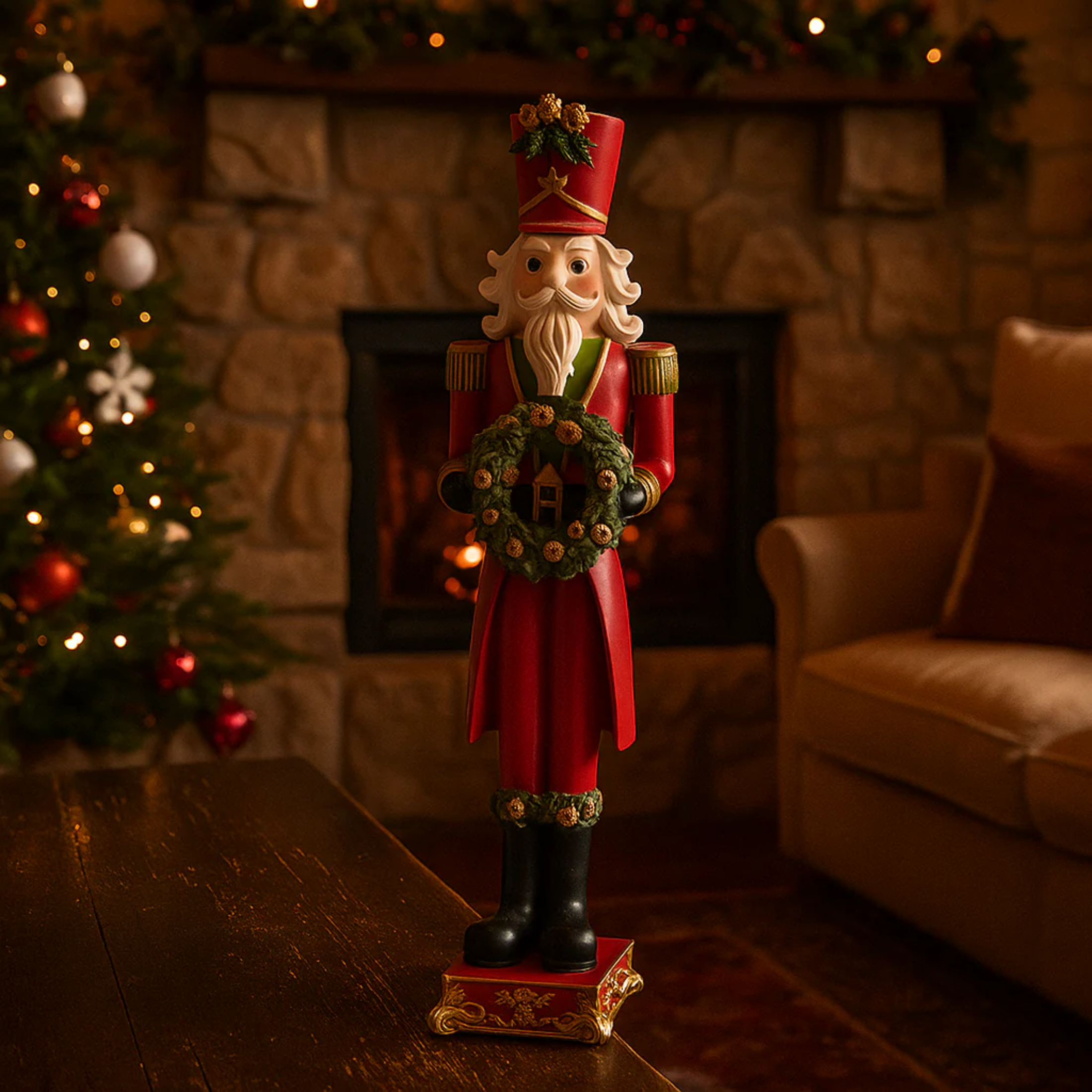 Soldatino natalizio rosso e verde in resina con ghirlanda decorativa integrata con glitter cm 60h