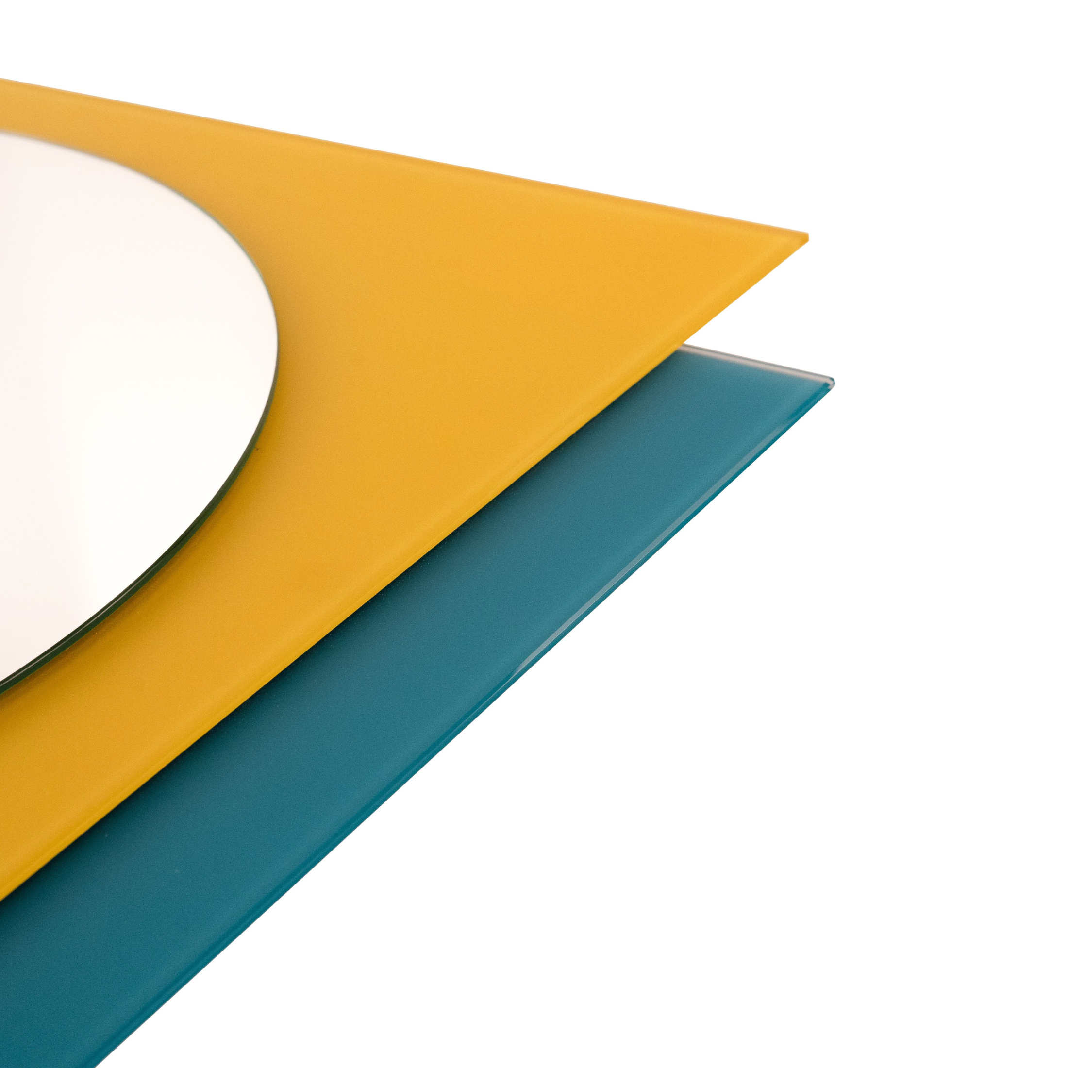 Specchio da parete rotondo "Chanty" pannelli in vetro satinato turchese e senape cm 70x2 57h