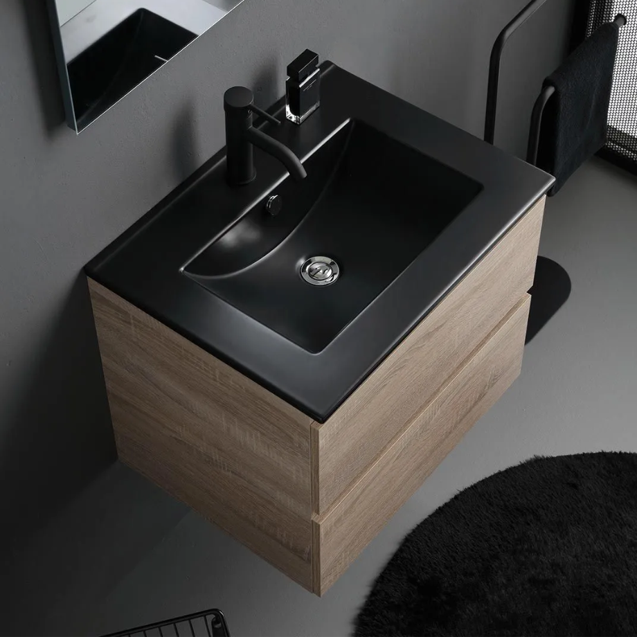 Mobile bagno sospeso 2 cassetti "Berlino60" color rovere con lavabo nero e specchio