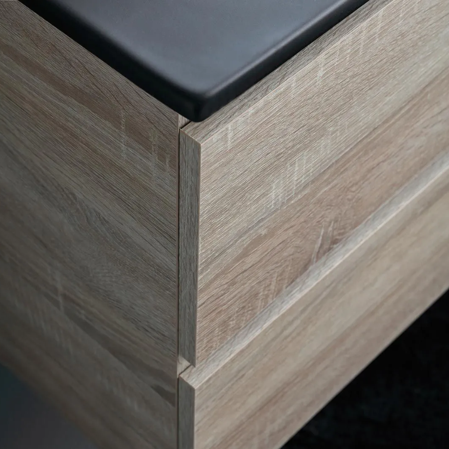 Mobile bagno sospeso 2 cassetti "Berlino120" color rovere con lavabo nero e specchio