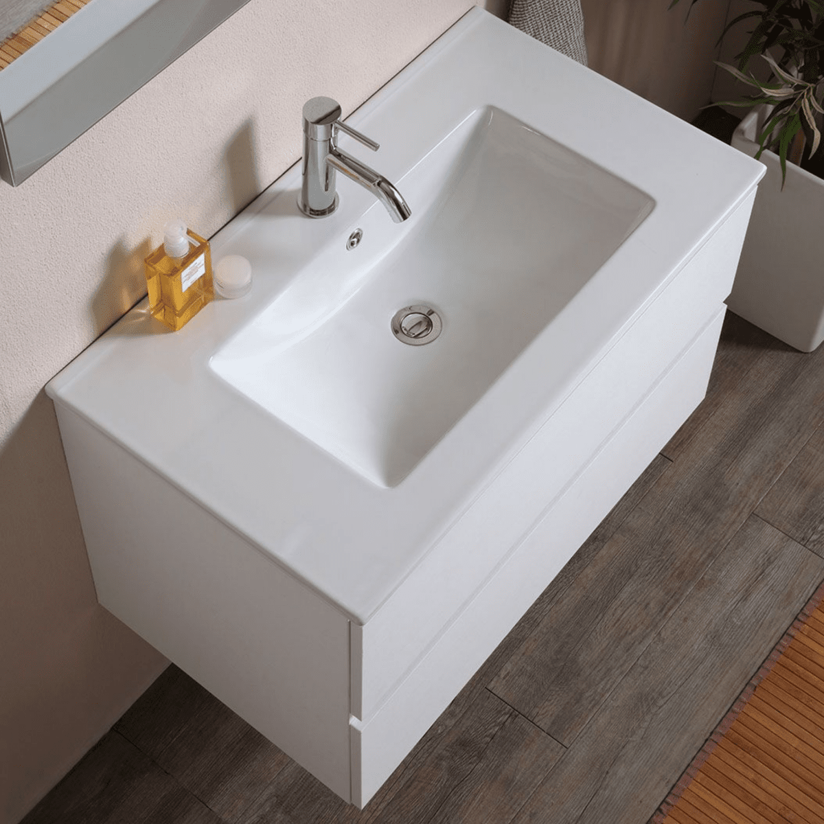 Mobile da bagno bianco "Belize80" sospeso con due cassetti e lavabo in ceramica - MondoViro