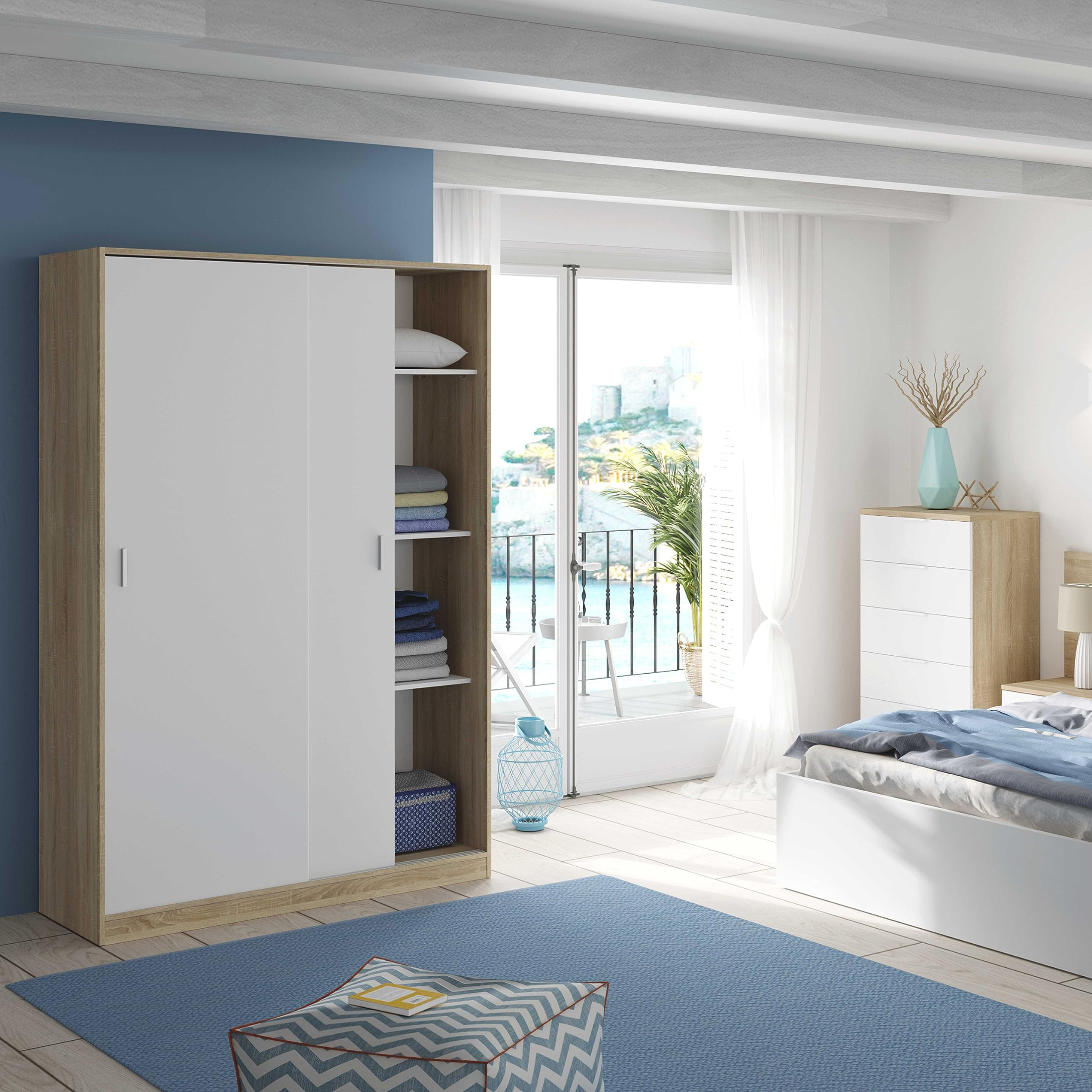 Armadio guardaroba "Pexy" in legno con ante scorrevoli appendiabiti e ripiani cm 120x50 200h