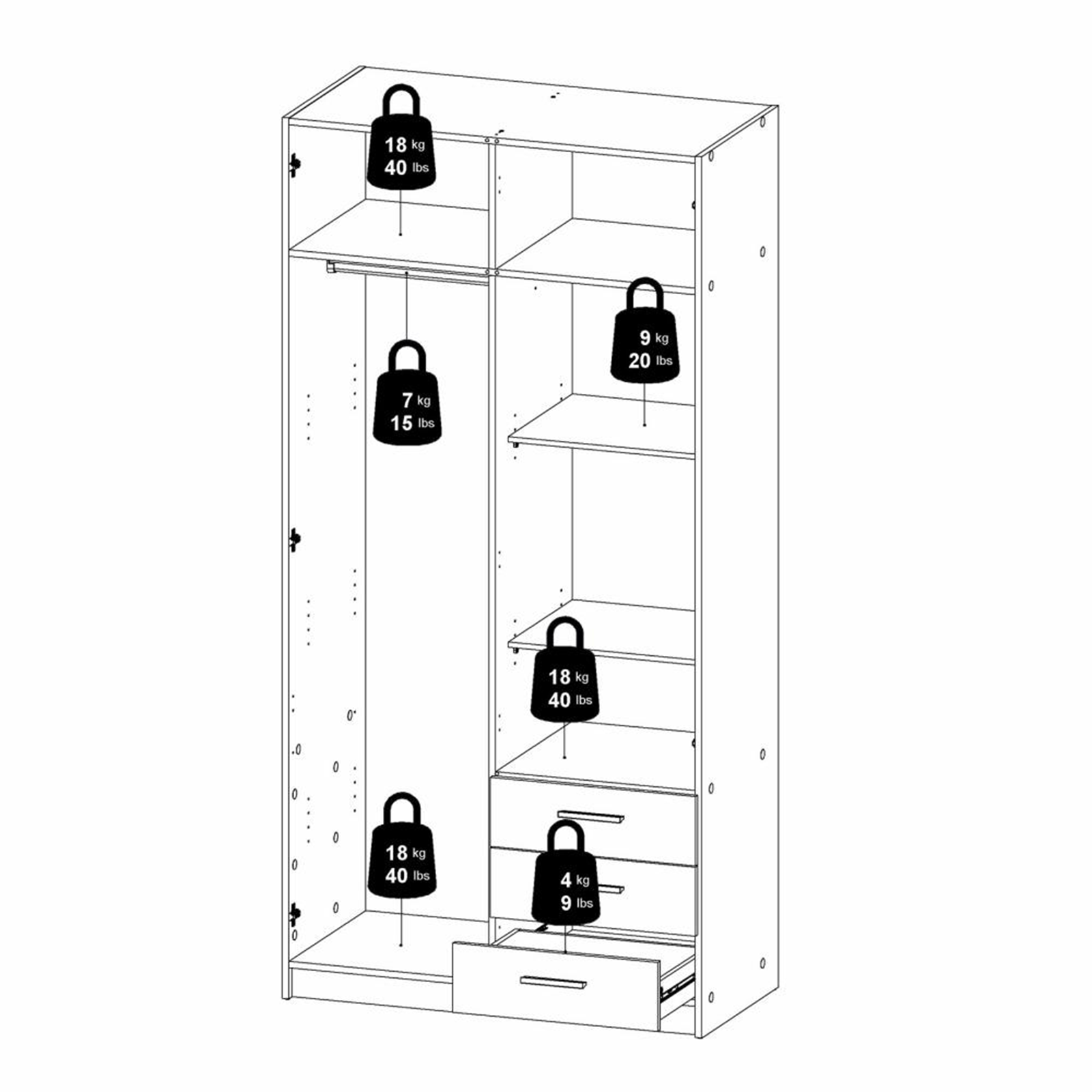 Armadio moderno con ante e 3 cassetti "Sprint" in legno bianco cm 200h