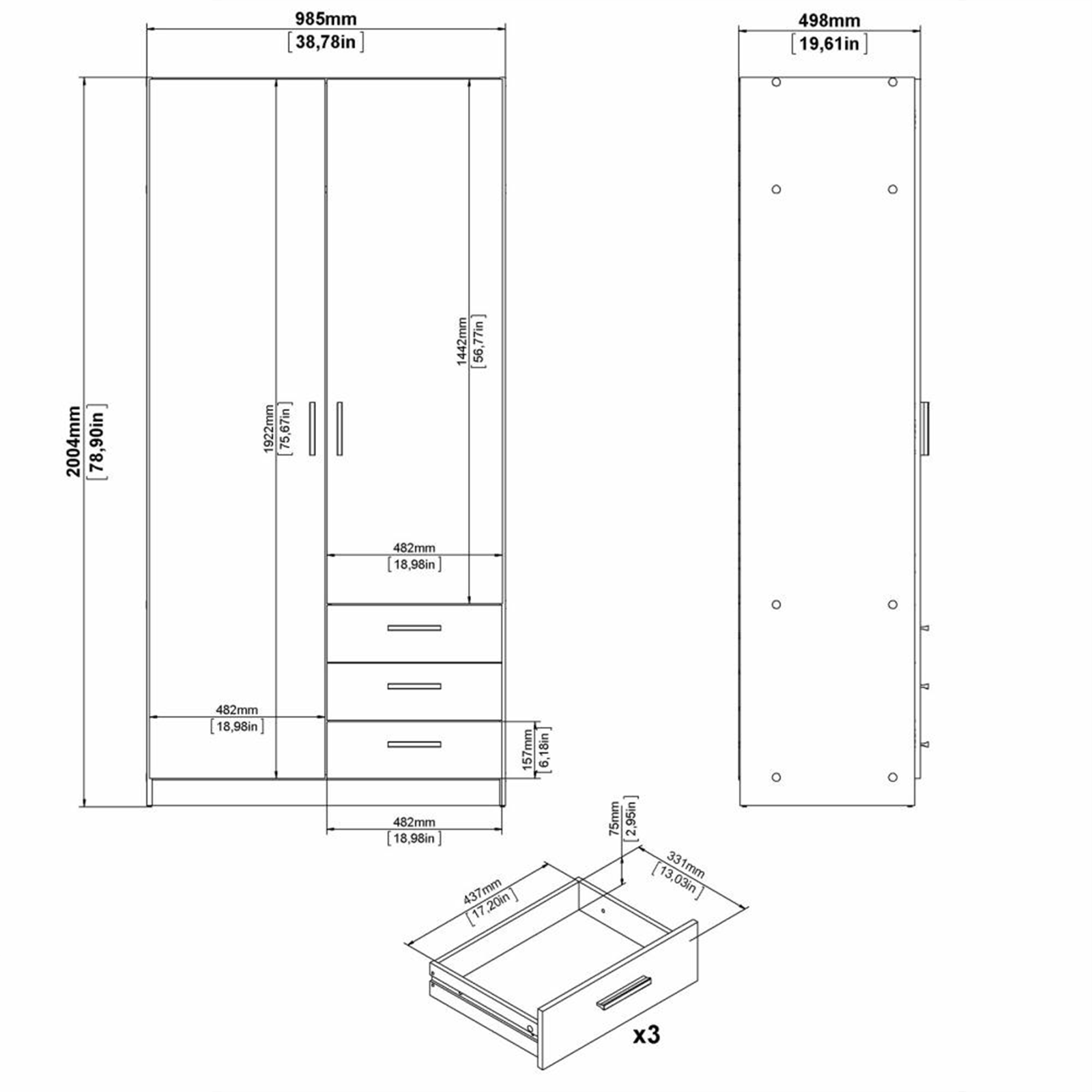 Armadio moderno con ante e 3 cassetti "Sprint" in legno bianco cm 200h