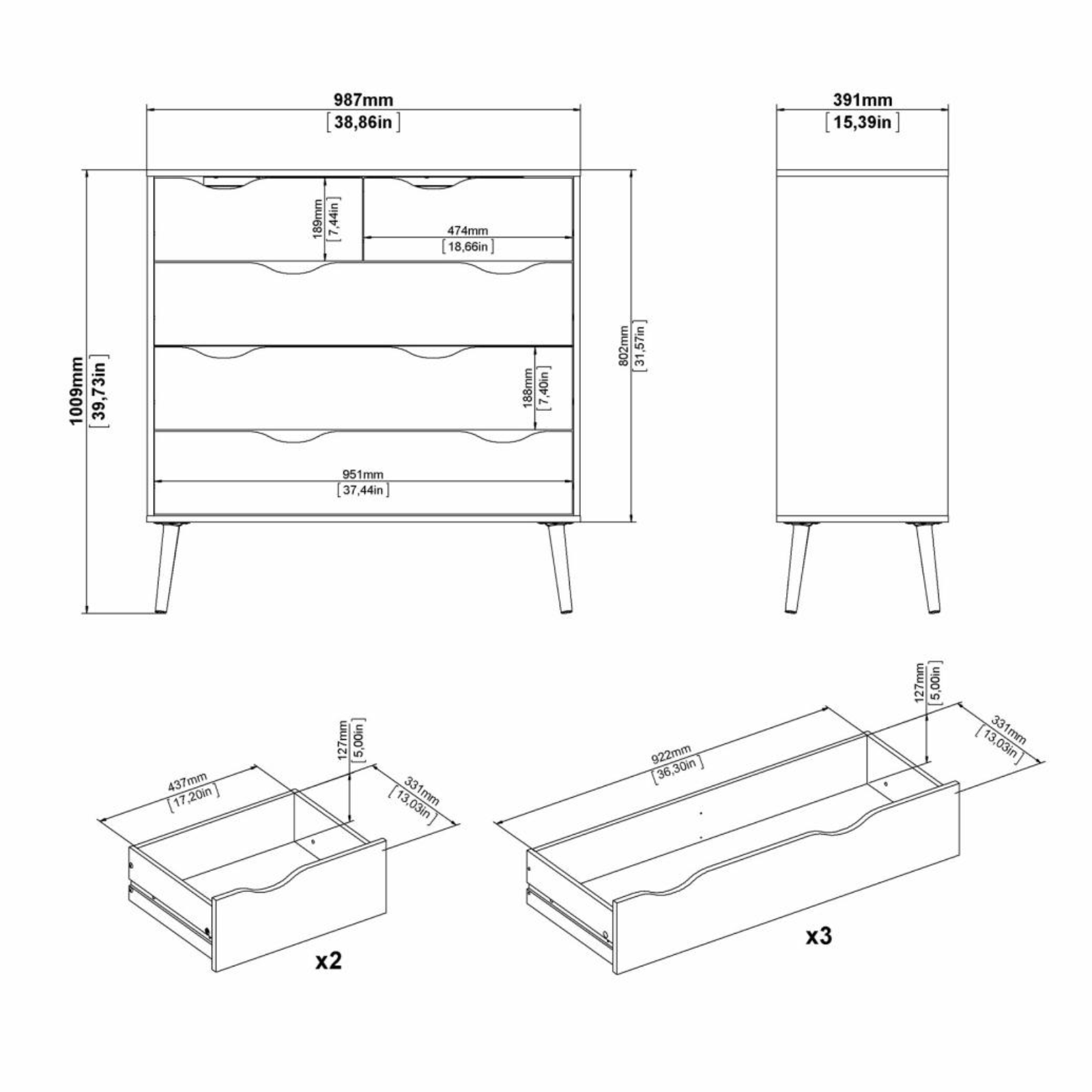 Cassettiera moderna per camera da letto "Oslo" in legno bianco e rovere