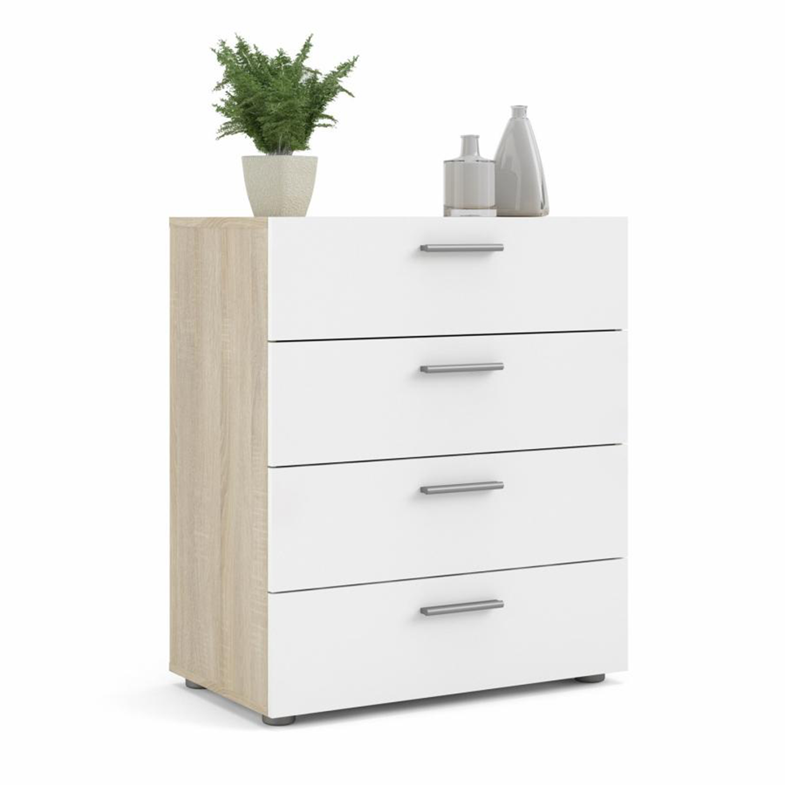 Cassettiera moderna "Pepe" in legno bianco e rovere 4 cassetti cm 70x40 82h