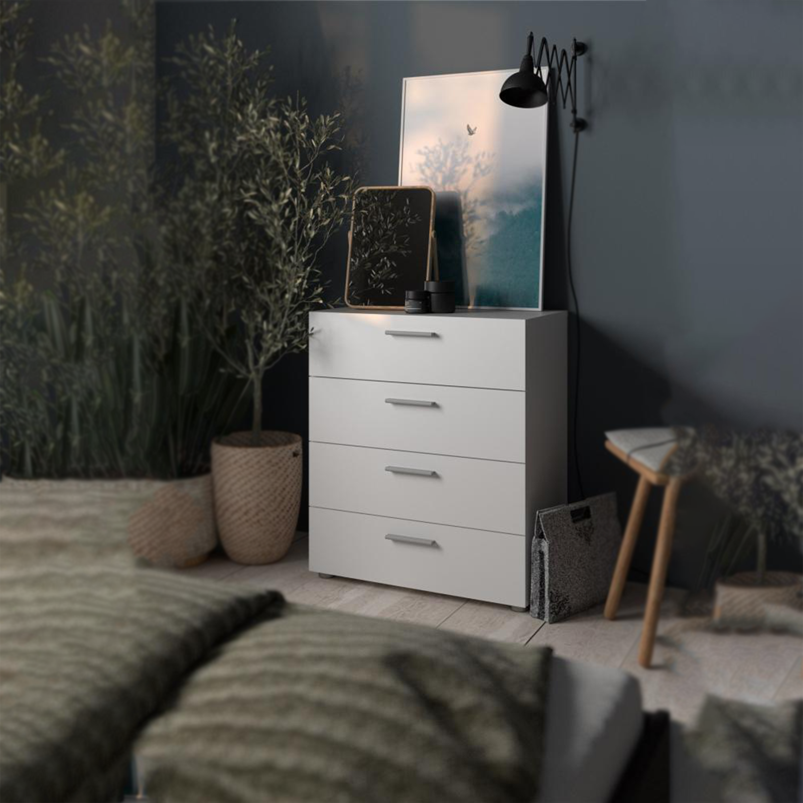 Cassettiera moderna "Pepe" in legno bianco e rovere 4 cassetti cm 70x40 82h