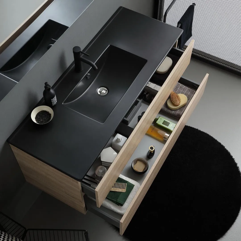 Mobile bagno sospeso 2 cassetti "Berlino120" color rovere con lavabo nero e specchio