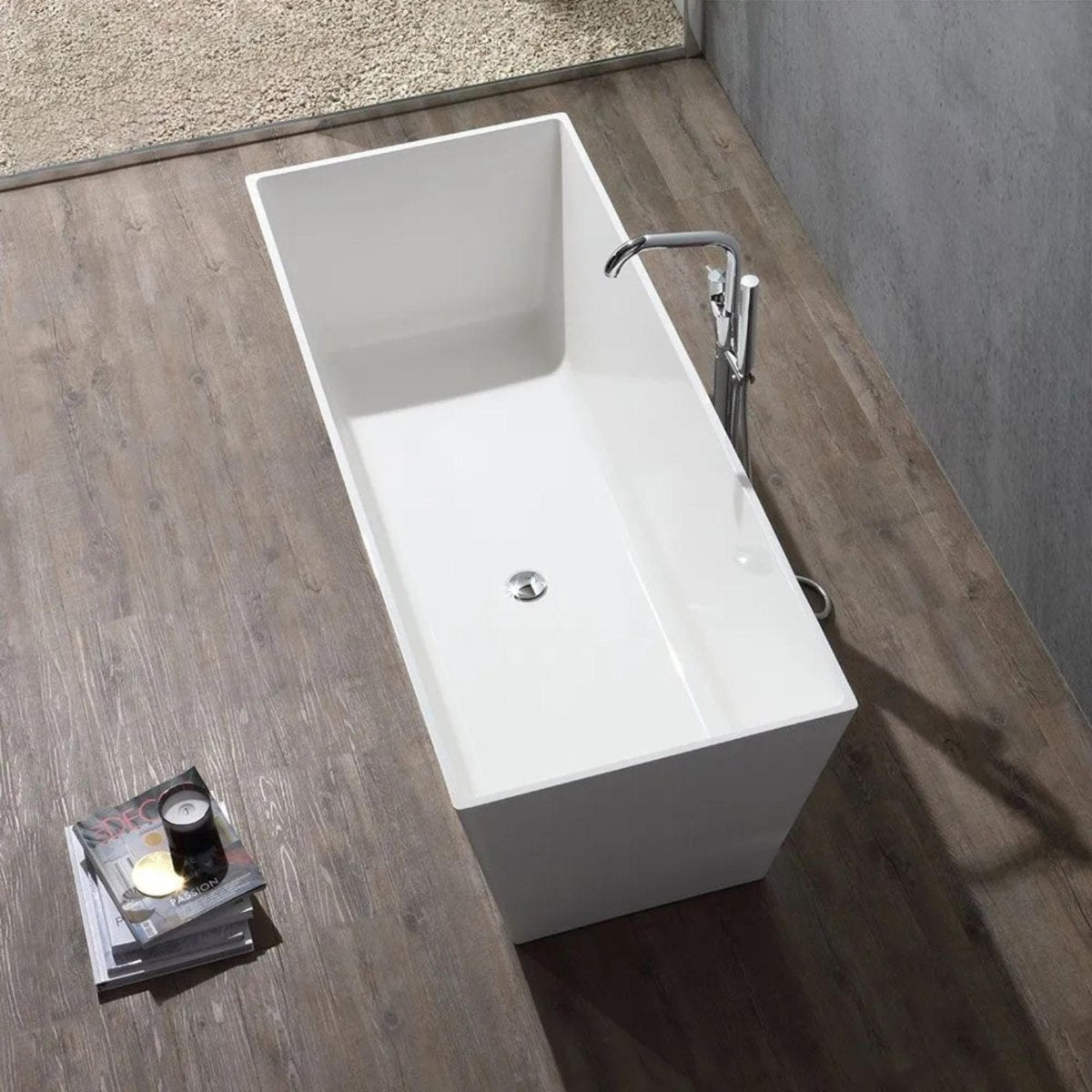 Vasca da bagno squadrata "Yoyo" autoportante in marmo ricomposto bianco cm 159x65 55h - MondoViro