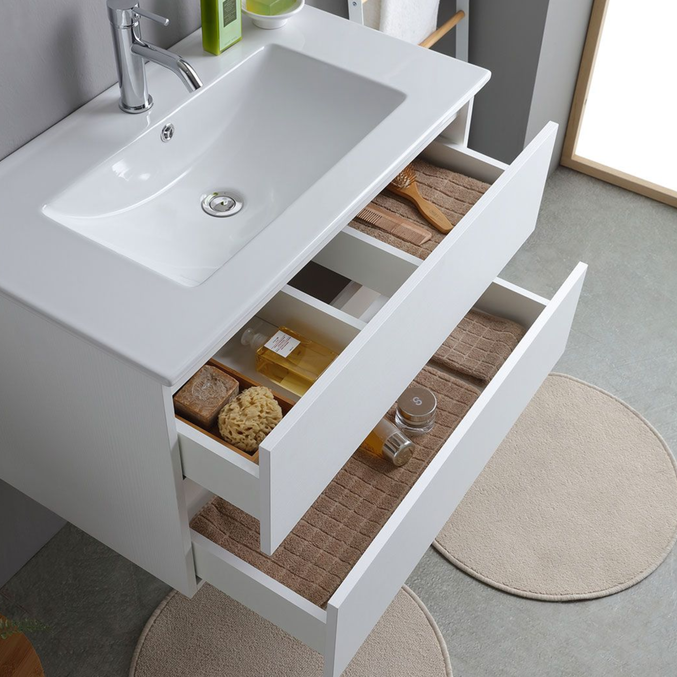 Mobile bagno bianco "Havana" 80 cm sospeso 2 cassetti base con lavabo integrato in ceramica
