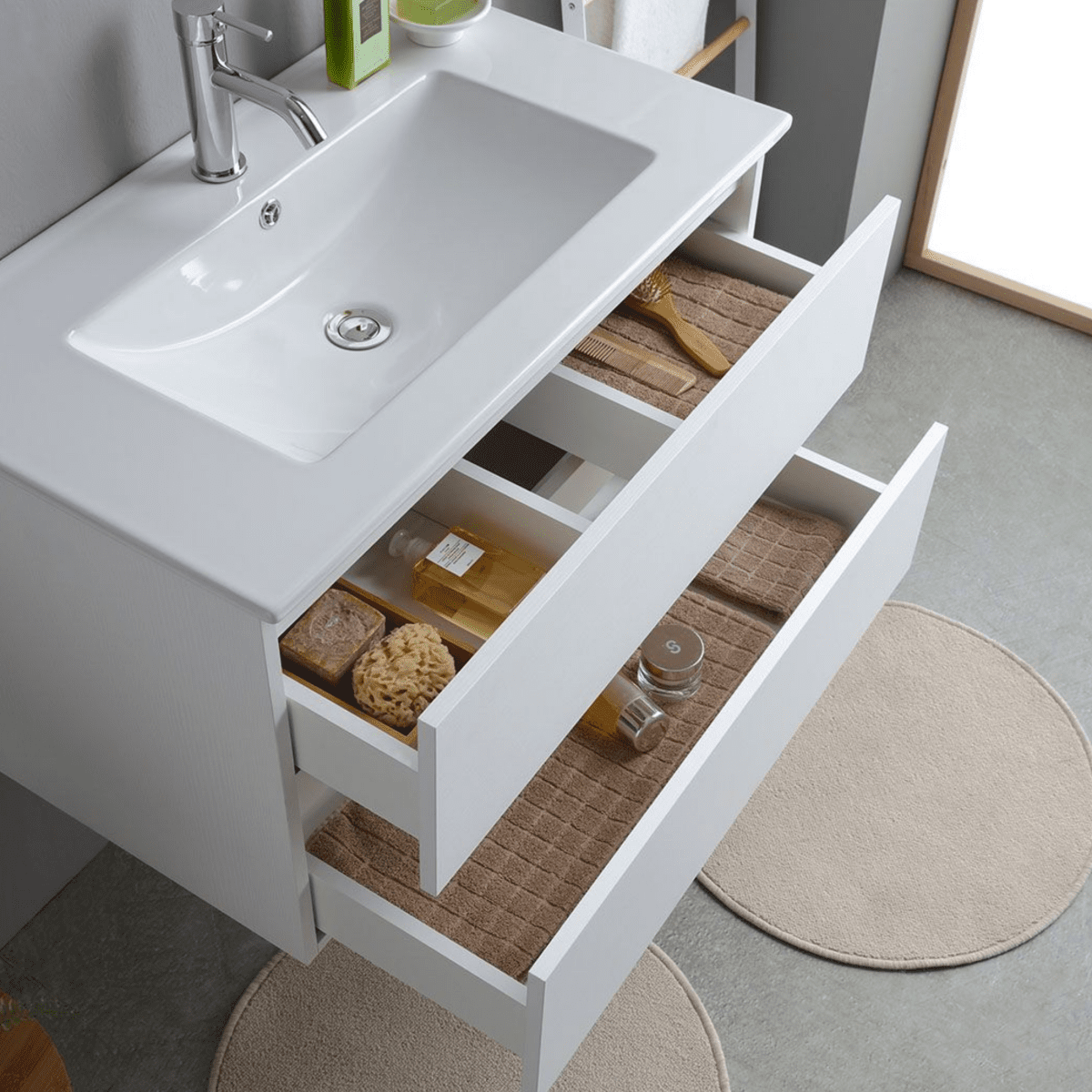 Mobile bagno bianco "Havana" 80 cm sospeso 2 cassetti base con lavabo integrato in ceramica - MondoViro