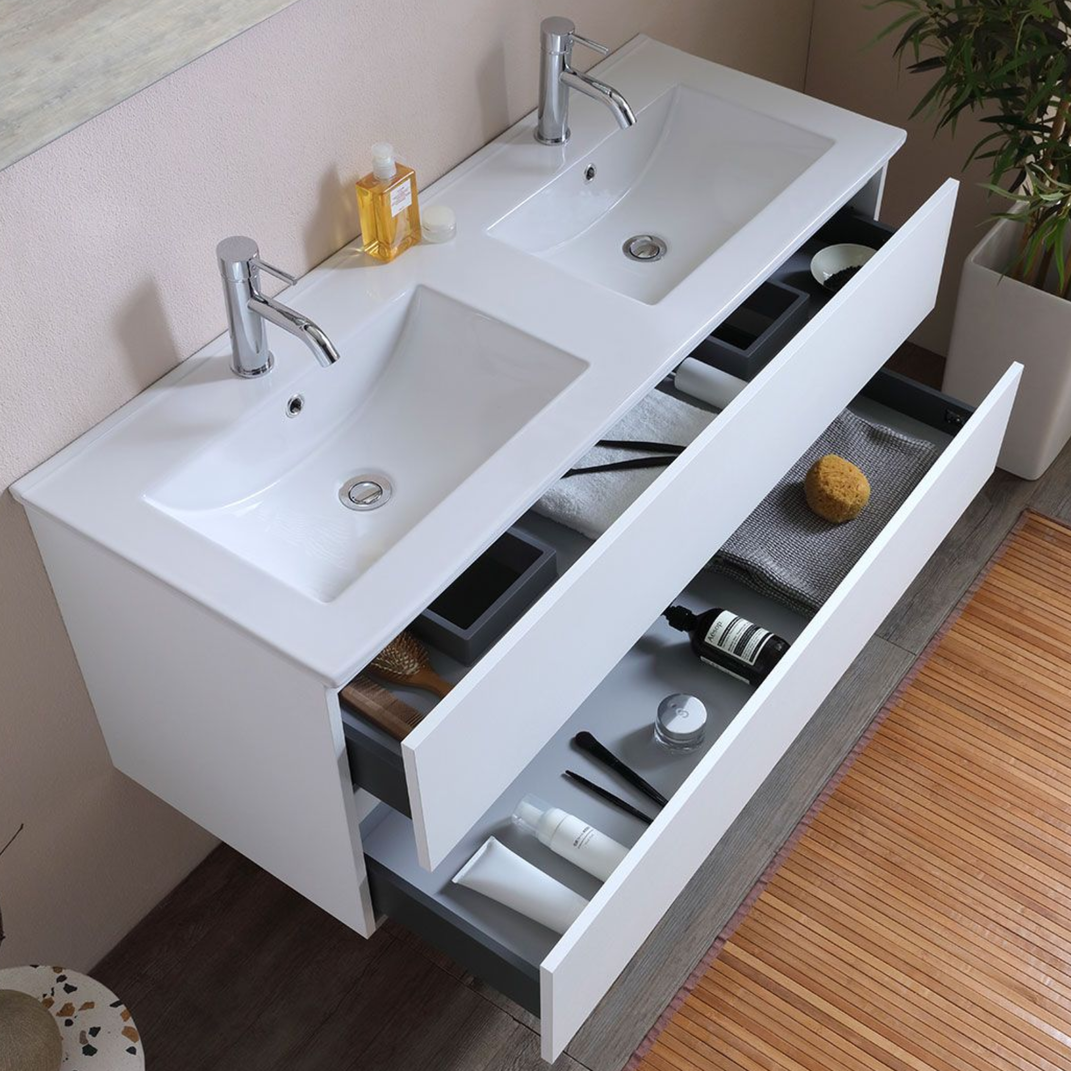Mobile bagno "Belize120" cm con doppio lavabo e due cassetti finitura bianco legno