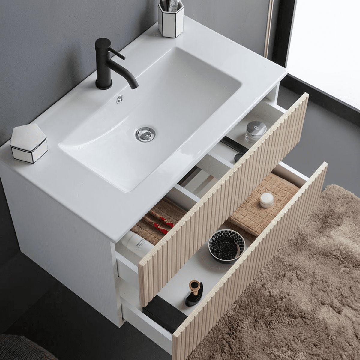Mobile bagno "Santorini" sospeso 80 cm bianco e rovere con frontale cannettato e lavabo in ceramica - MondoViro