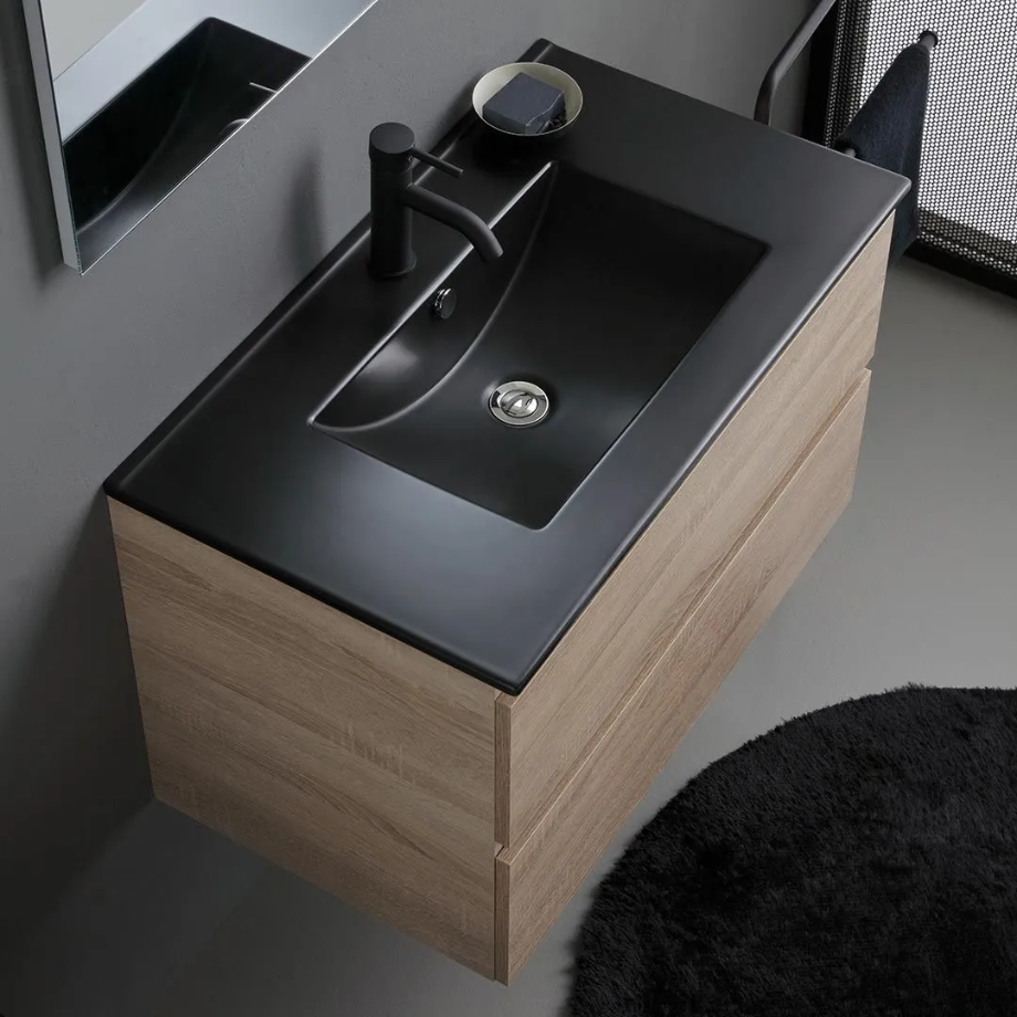 Mobile bagno sospeso 2 cassetti "Berlino80" color rovere con lavabo nero e specchio