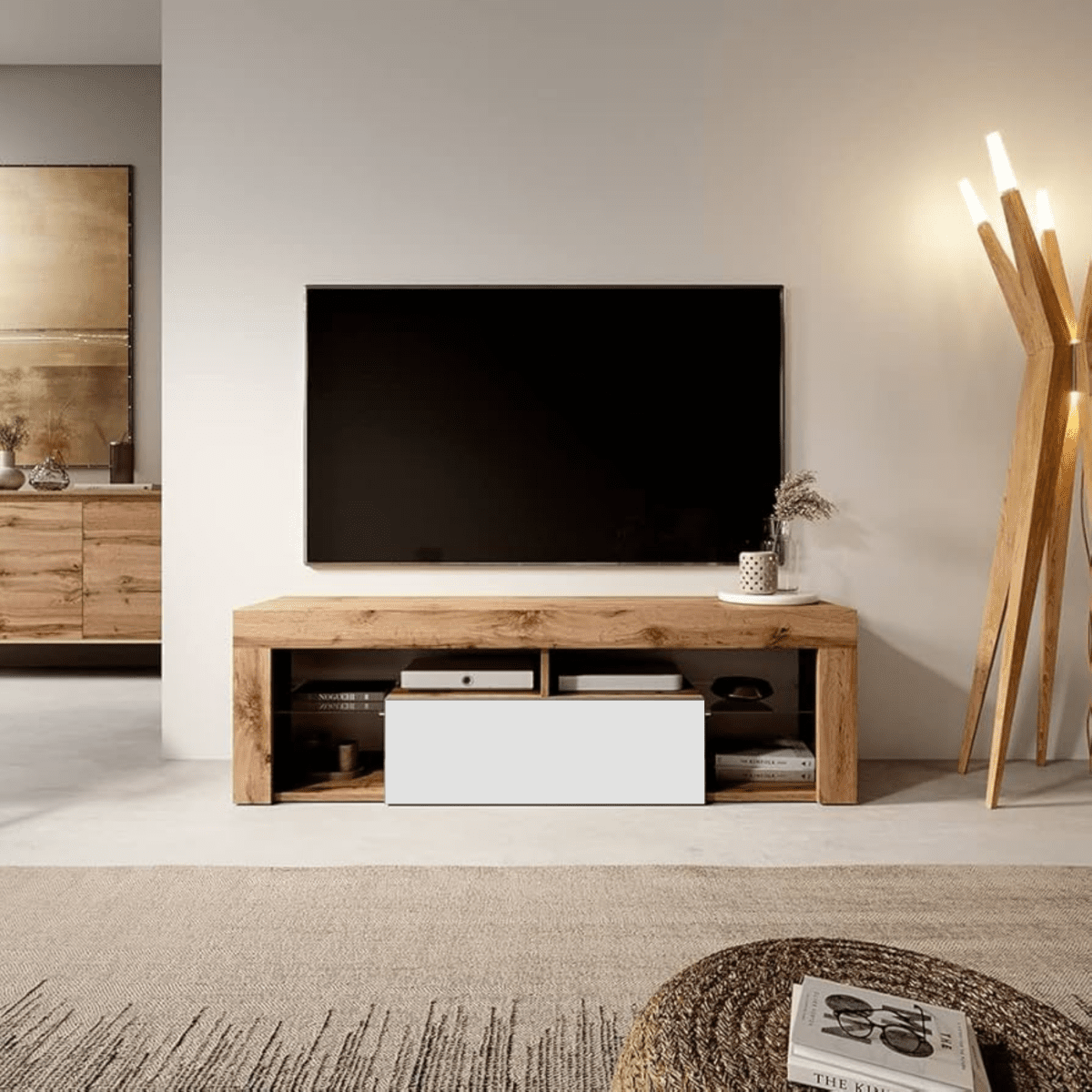 Mobile porta tv "Hugo" in legno rovere e bianco cm 140x35 50h - MondoViro