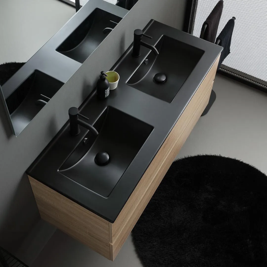Mobile bagno sospeso 2 cassetti "Berlino120" color rovere con doppio lavabo nero e specchio