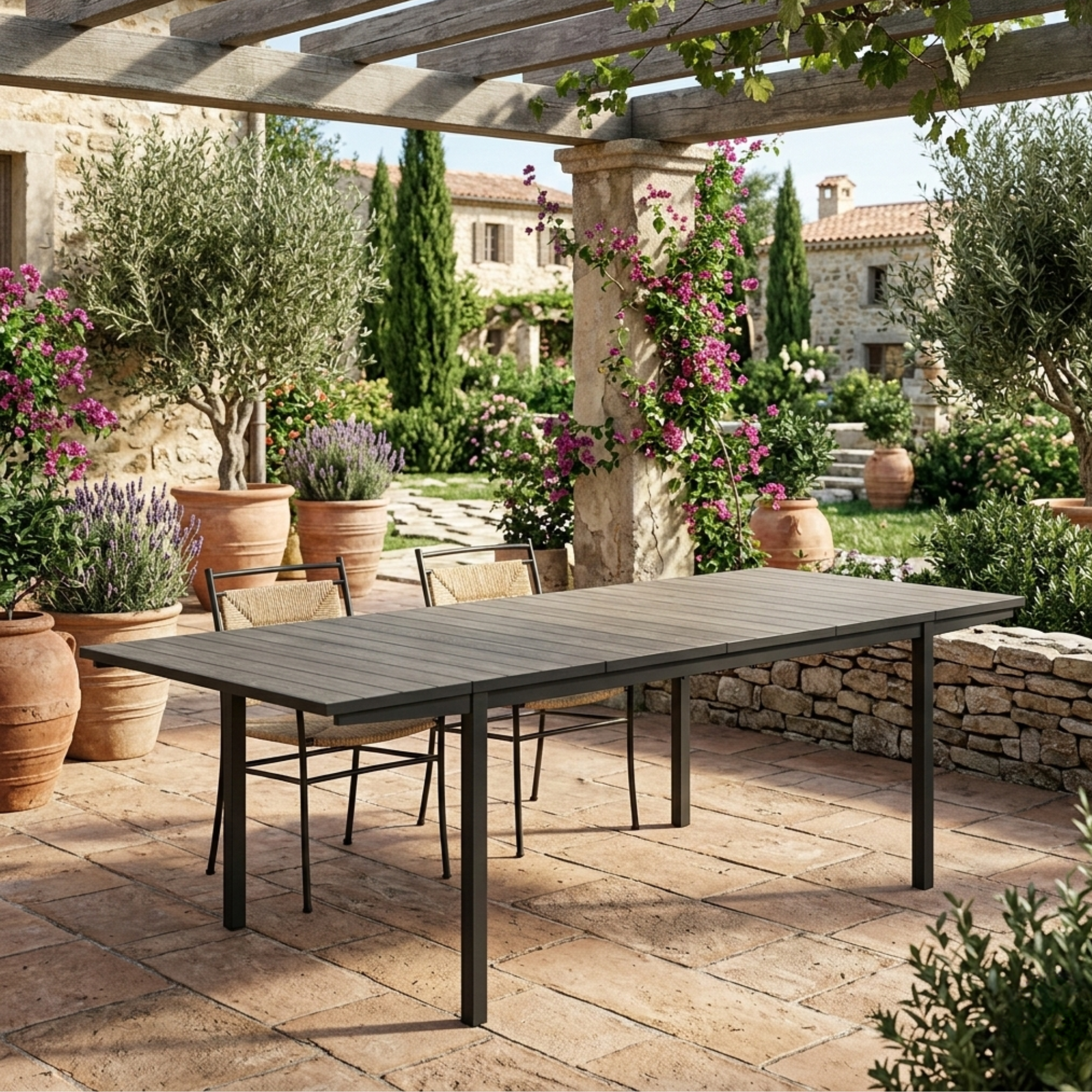 Tavolo allungabile per esterno "Liriel" con estensioni, struttura in metallo e piano effetto legno