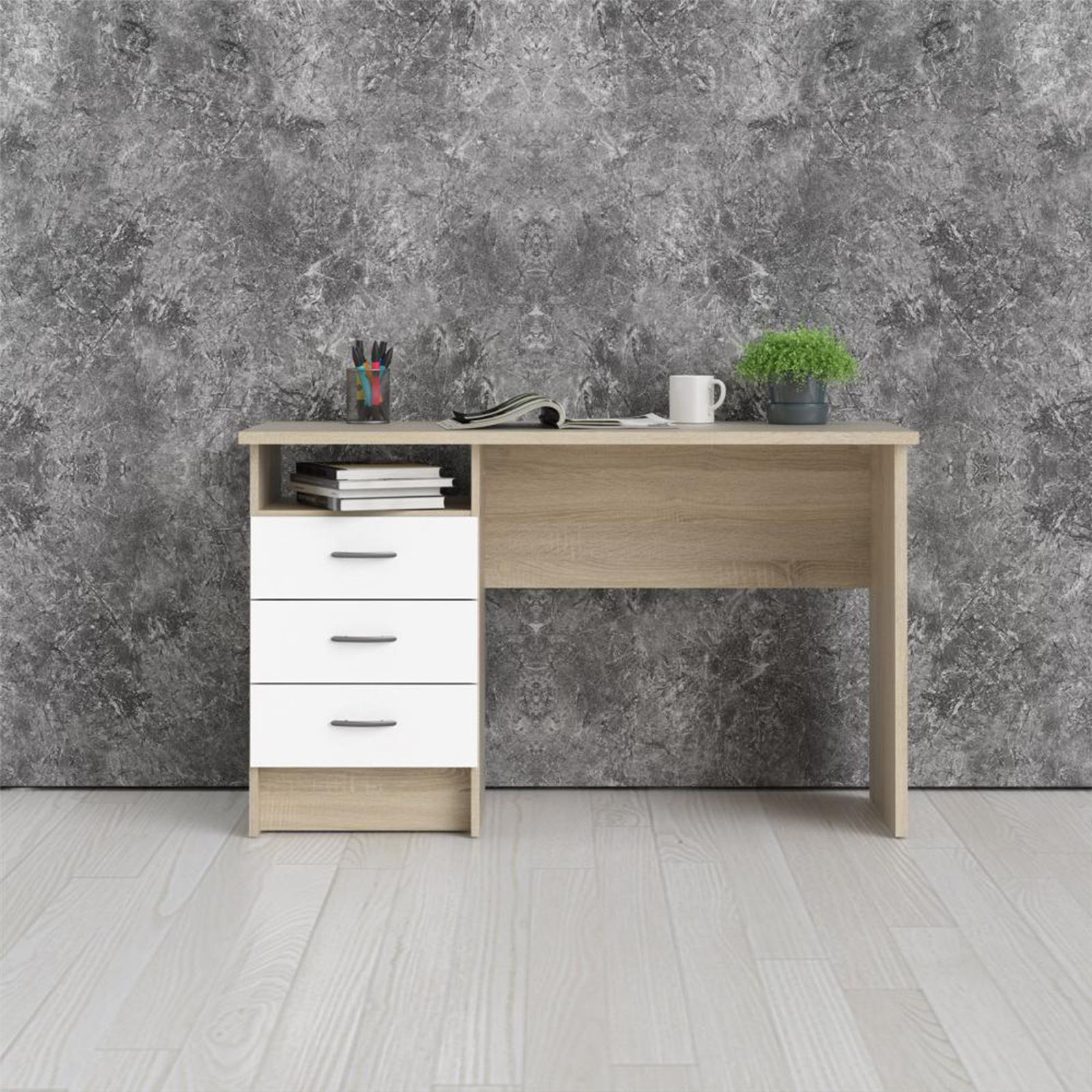 Scrivania con cassettiera a 3 cassetti "Function Plus" in legno rovere e bianco cm 120x48 73h