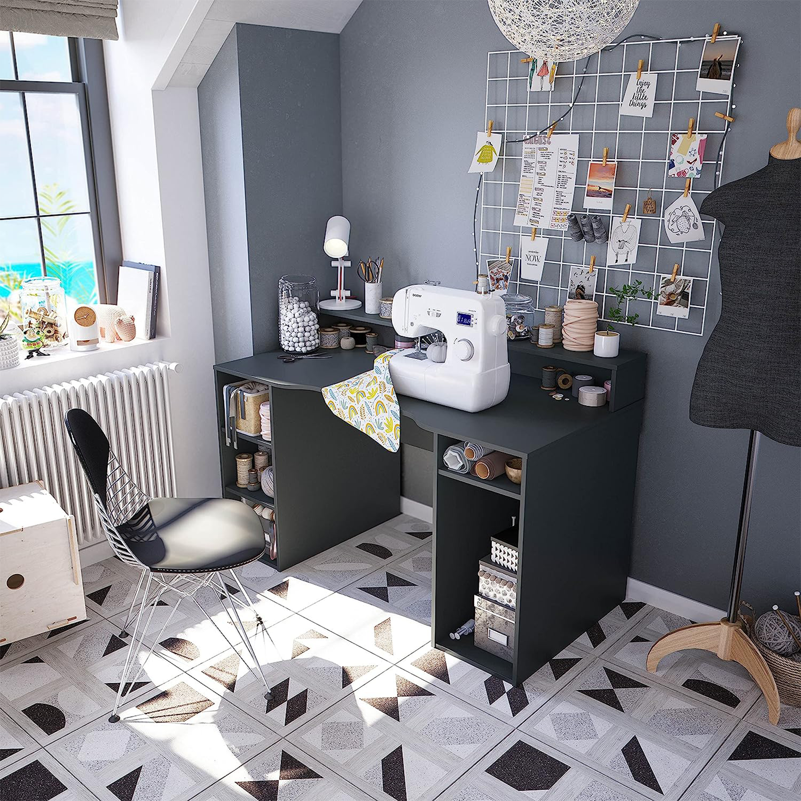 Scrivania da gaming "Ozone" in legno antracite per ufficio con 5 vani a giorno cm 136x67 88h