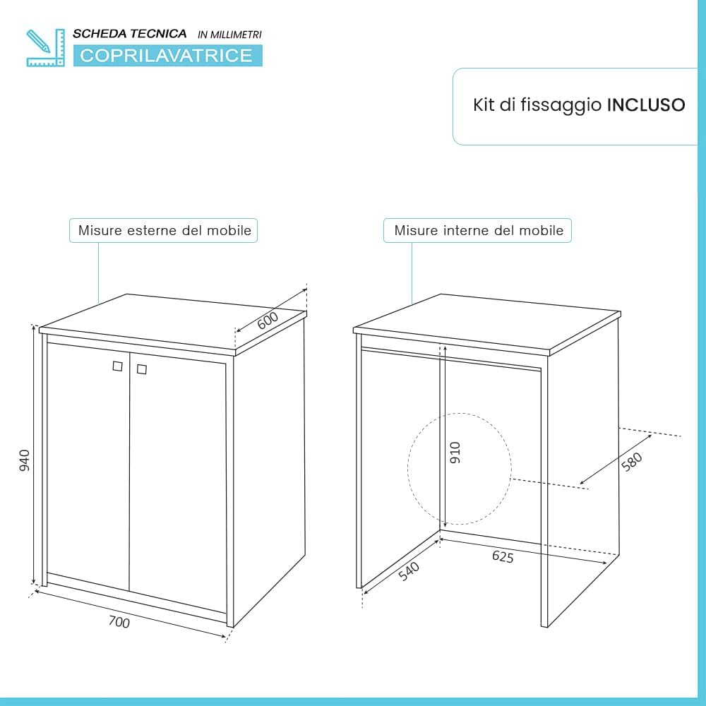 Mobile coprilavatrice "Niji" in PVC con chiusura magnetica e piedini regolabili cm 60x70 90h