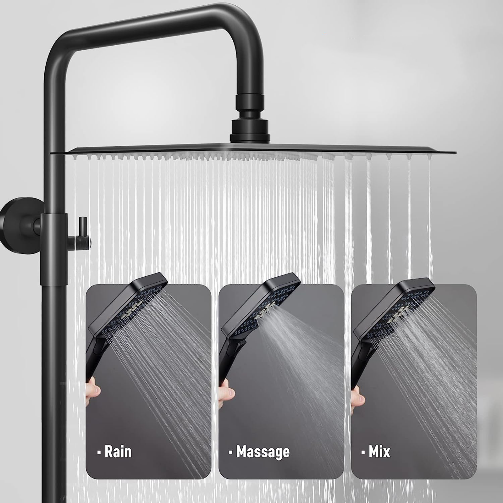 Colonna doccia quadrata in alluminio nero opaco regolabile con doccetta a 3 getti e saliscendi
