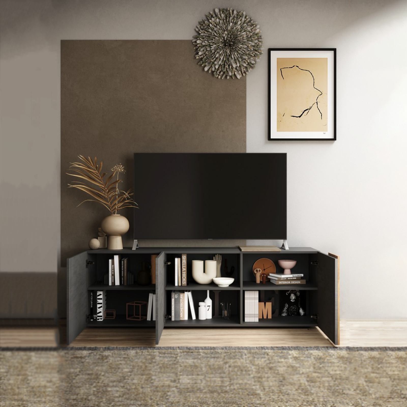 Mobile 3 ante porta tv in legno "Venus" da soggiorno cm 181x44 59h