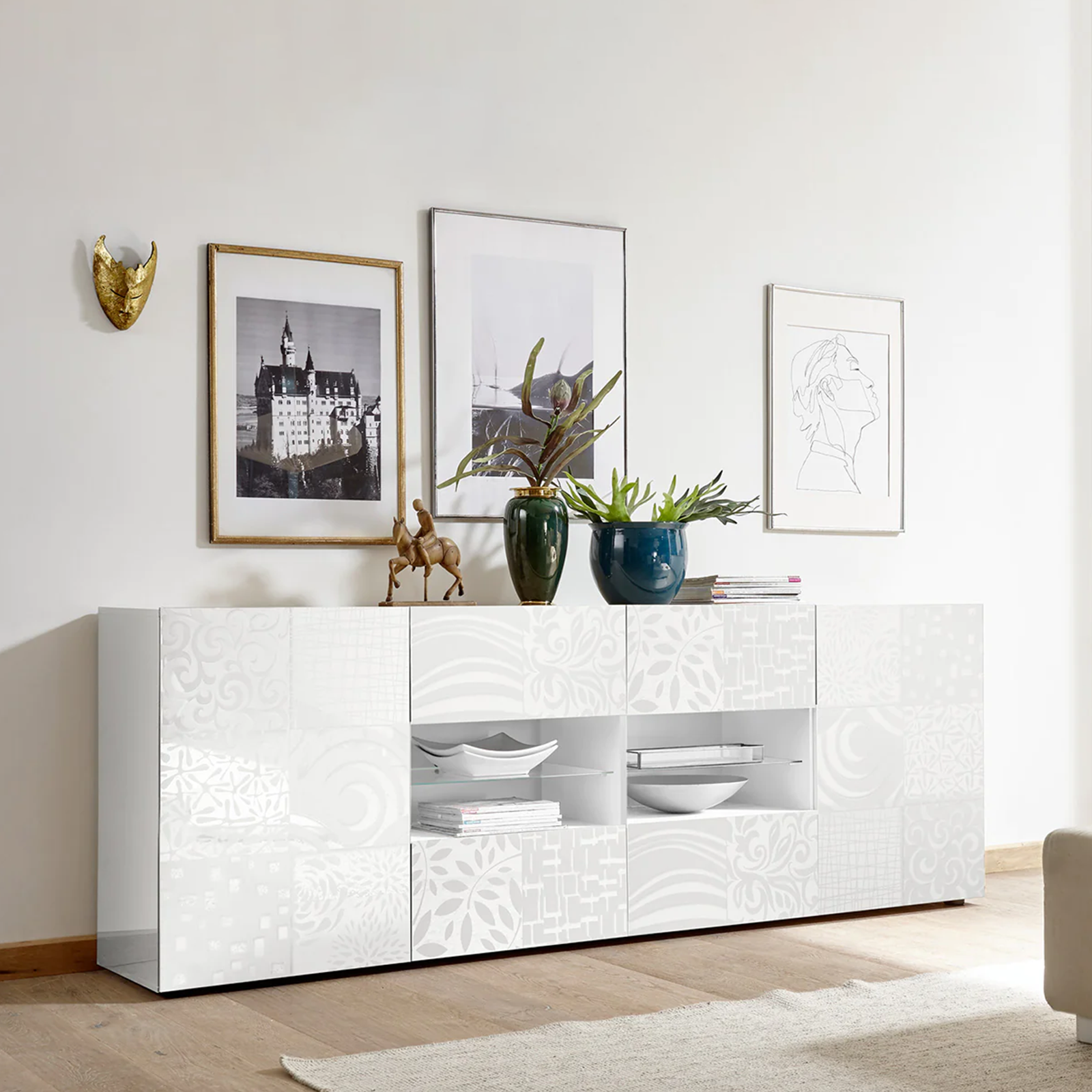 Madia a buffet in legno bianco laccato "Miro" a 2 ante con 4 cassetti cm 241x42 84h