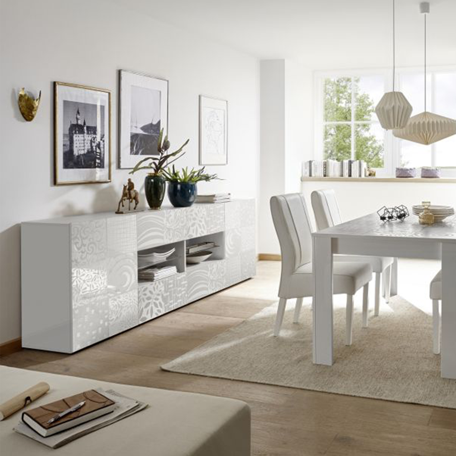 Madia a buffet in legno bianco laccato "Miro" a 2 ante con 4 cassetti cm 241x42 84h