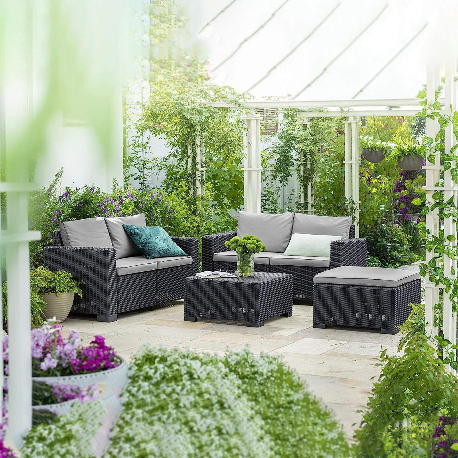 Tavolino basso da giardino "California" in resina rattan quadrato con cuscino cm 68x68 35h